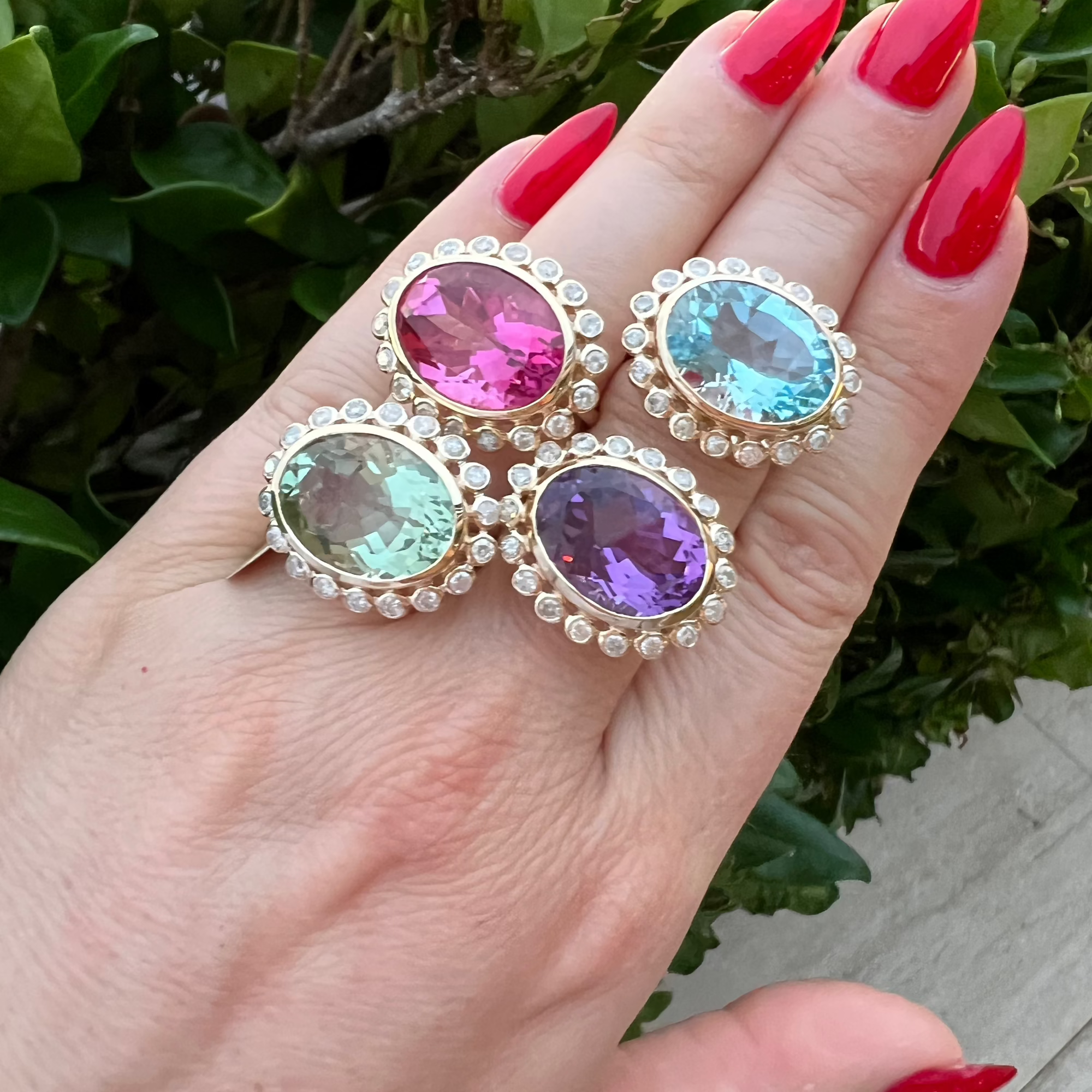 Stunning 14K yellow gold cocktail ring featuring an 8.65ct amethyst center stone surrounded by a sparkling diamond halo in an elegant basket setting, perfect for bold gemstone lovers.