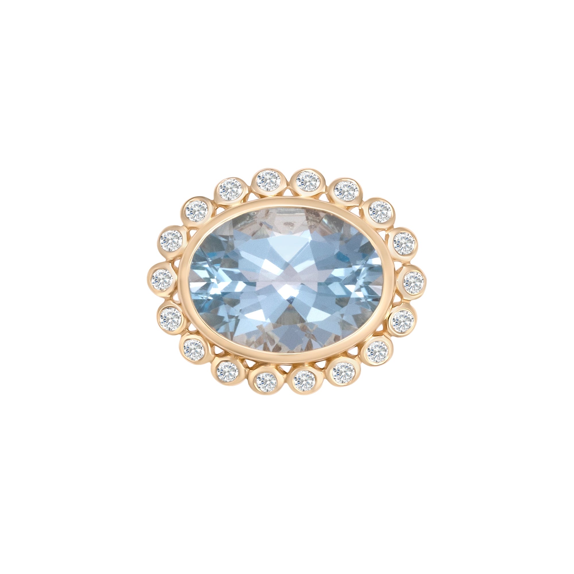 Stunning 14K yellow gold anemone cocktail ring featuring a central aquamarine framed by a delicate diamond halo, with an elegant basket setting for added luxury.