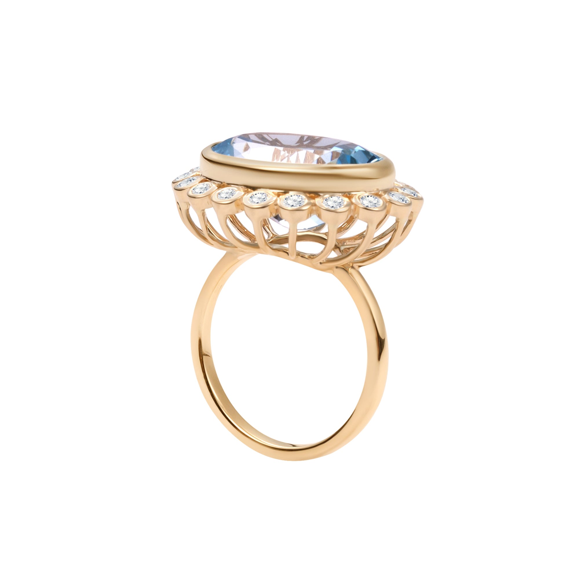 Stunning 14K yellow gold anemone cocktail ring featuring a central aquamarine framed by a delicate diamond halo, with an elegant basket setting for added luxury.