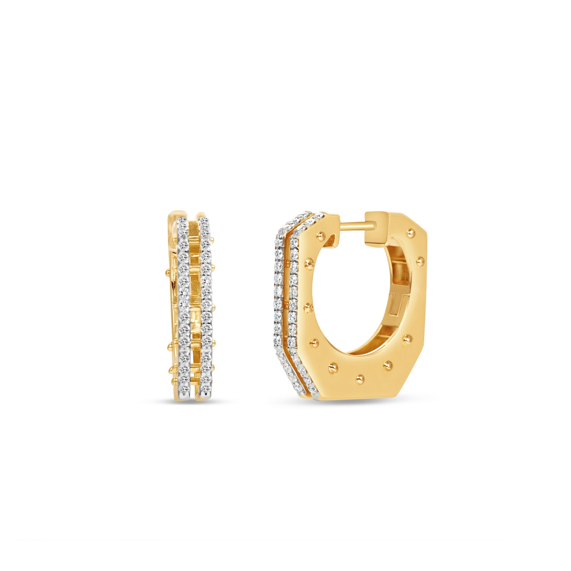 Bold 14K yellow gold hexagon hoop earrings featuring stunning diamond accents, offering a unique architectural design that makes a standout statement. Front and side view detail 