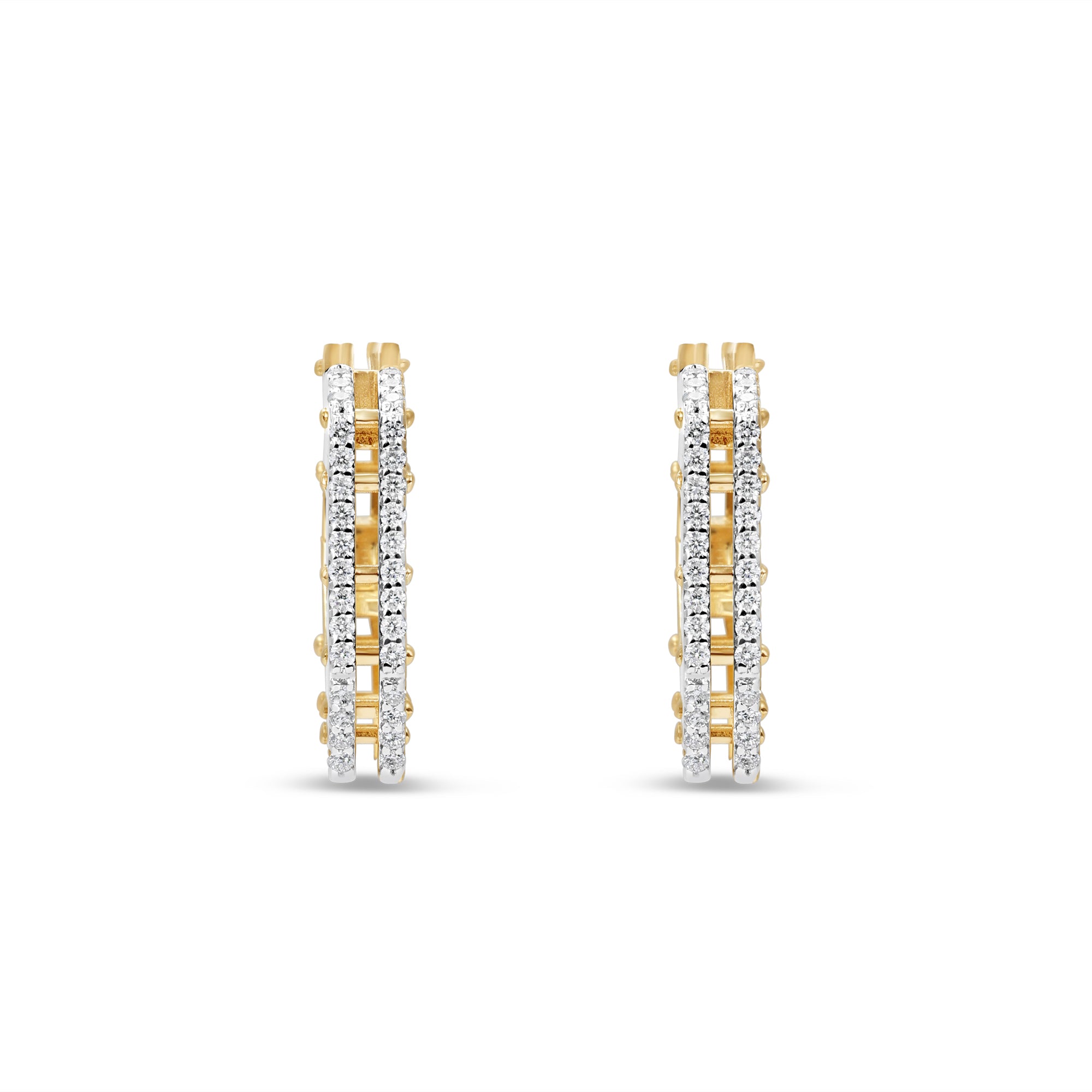 Bold 14K yellow gold hexagon hoop earrings featuring stunning diamond accents, offering a unique architectural design that makes a standout statement. Close up front view