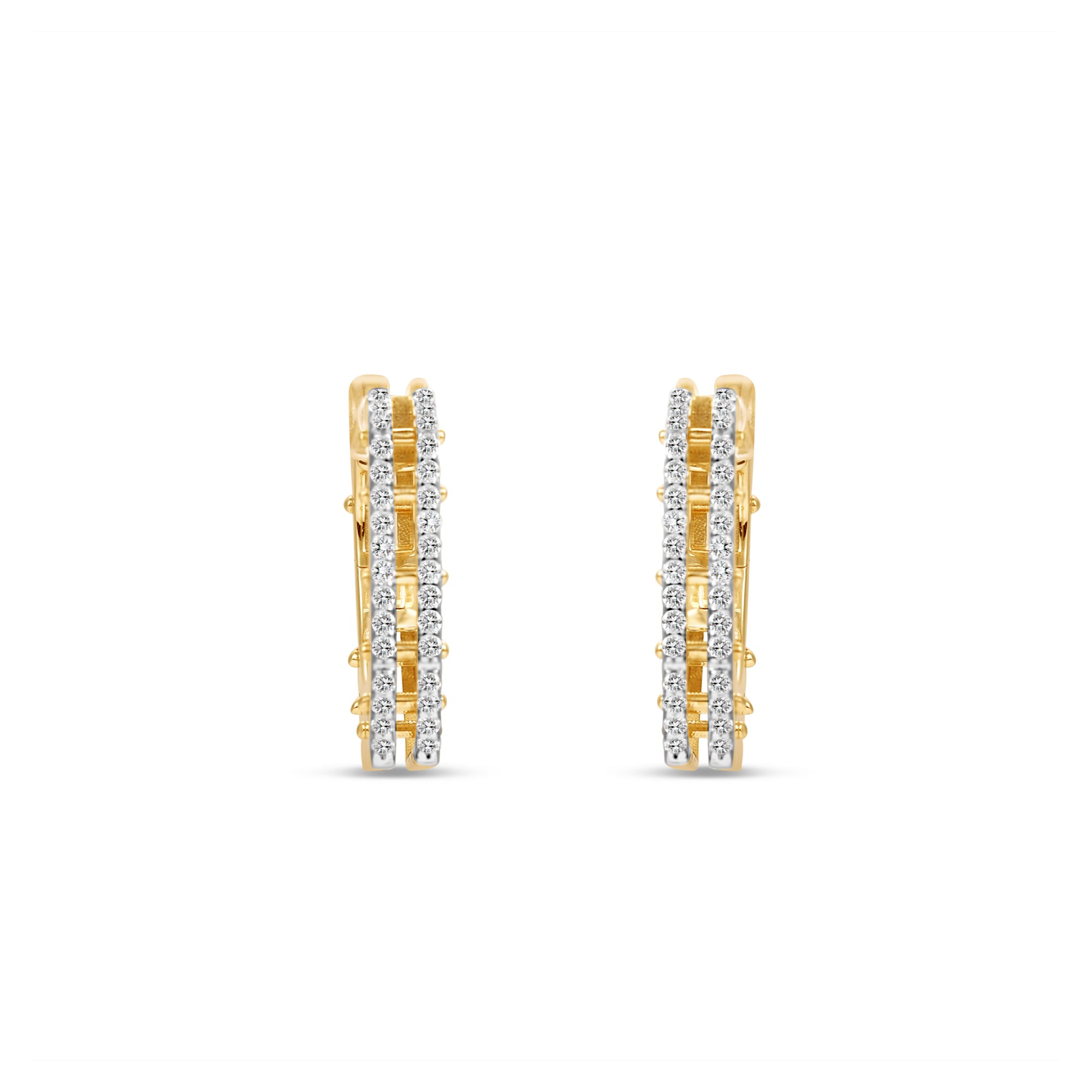 Bold 14K yellow gold hexagon hoop earrings featuring stunning diamond accents, offering a unique architectural design that makes a standout statement. Front view