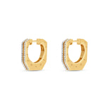Bold 14K yellow gold hexagon hoop earrings featuring stunning diamond accents, offering a unique architectural design that makes a standout statement. Side View detail 