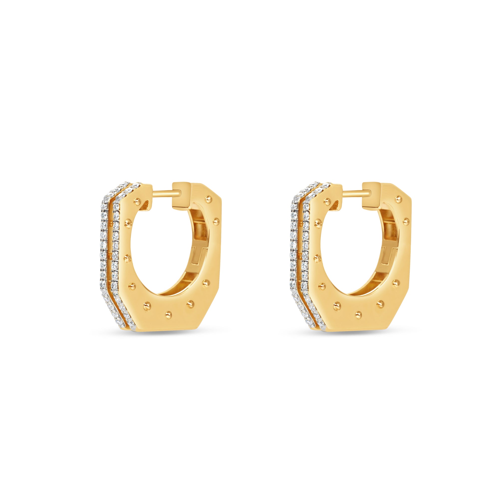 Bold 14K yellow gold hexagon hoop earrings featuring stunning diamond accents, offering a unique architectural design that makes a standout statement. Side View detail 