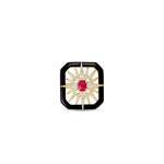 Celestial Art Deco starburst ring featuring a radiant ruby centerpiece framed by a bold onyx setting and intricate diamond accents, all set in 14K yellow gold for a dazzling vintage statement. Top down front view.
