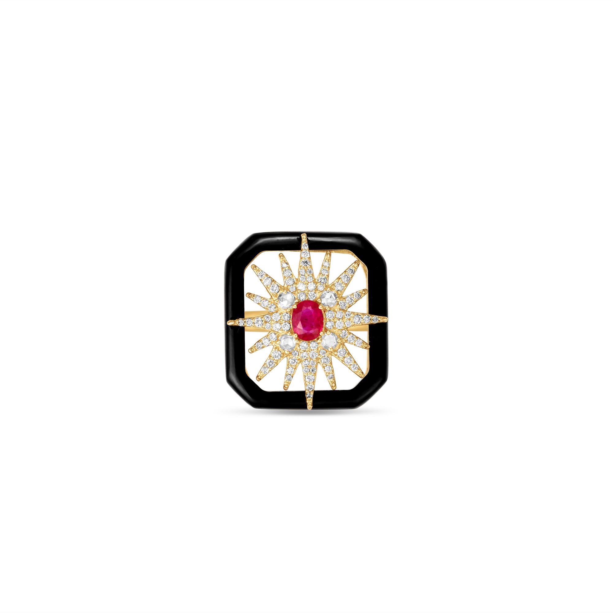 Celestial Art Deco starburst ring featuring a radiant ruby centerpiece framed by a bold onyx setting and intricate diamond accents, all set in 14K yellow gold for a dazzling vintage statement. Top down front view.