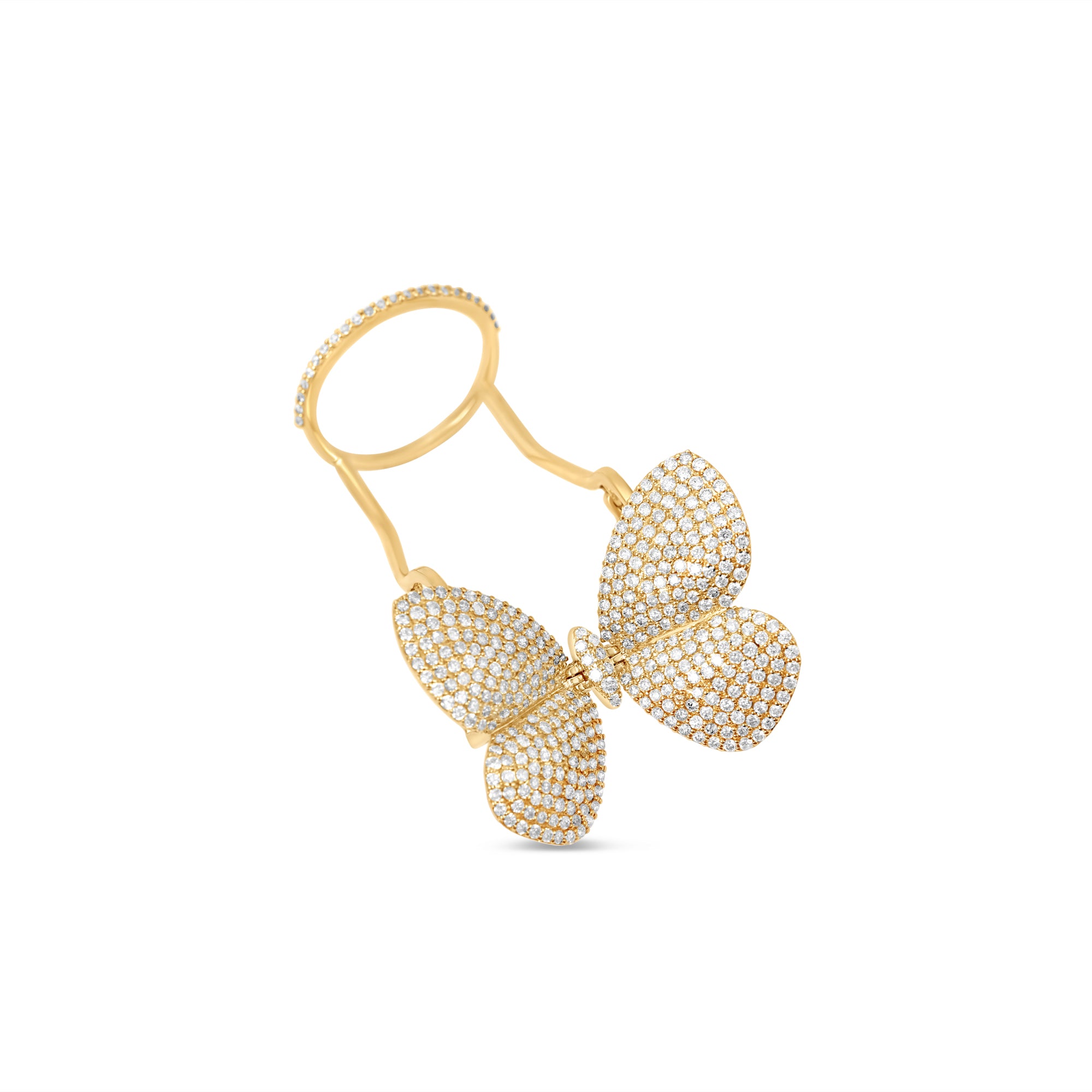 Bold and luxurious double knuckle butterfly ring crafted in 14K yellow gold, featuring pavé-set diamonds in a modern design that adds a touch of glamorous sophistication to any look. Front 