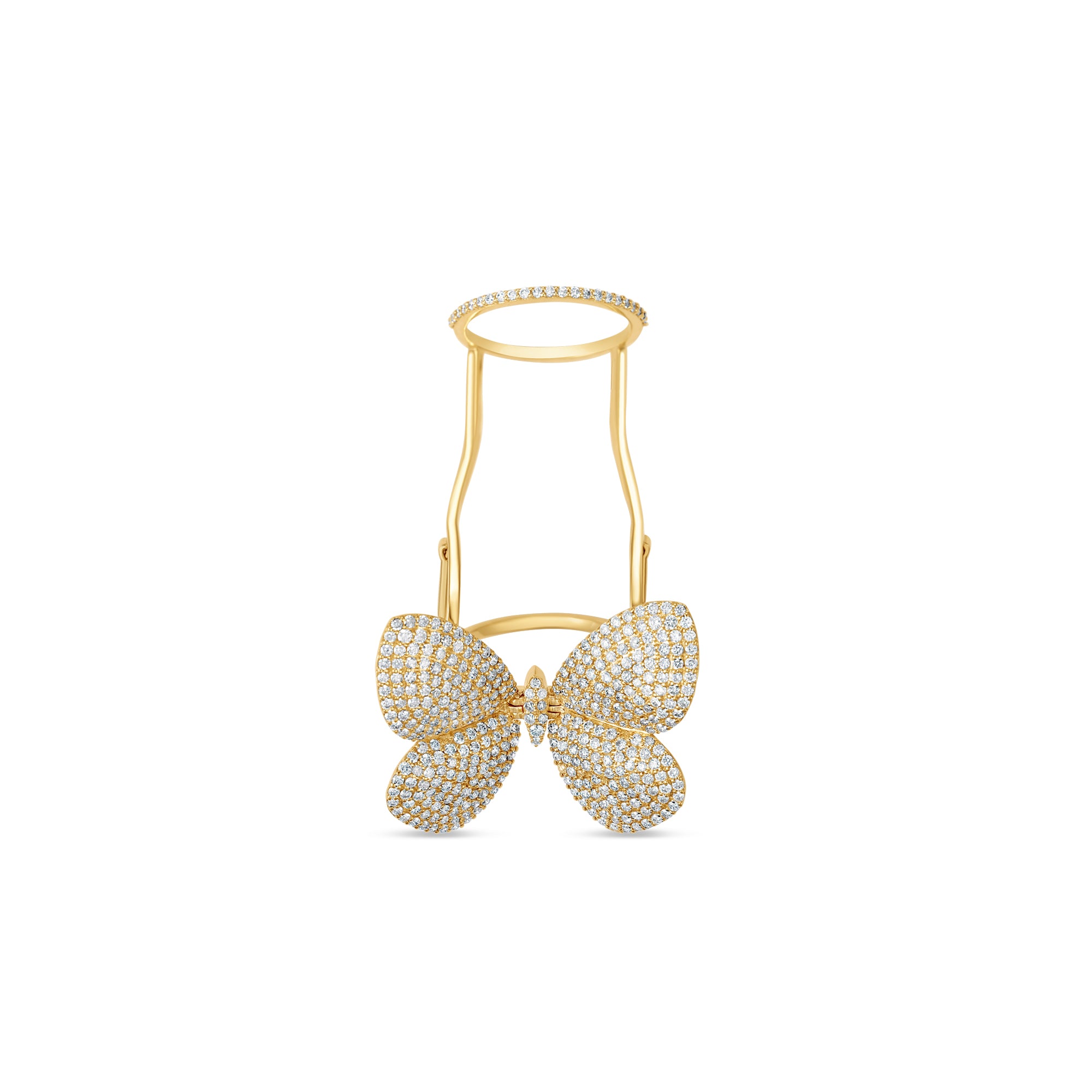Bold and luxurious double knuckle butterfly ring crafted in 14K yellow gold, featuring pavé-set diamonds in a modern design that adds a touch of glamorous sophistication to any look. Close Up