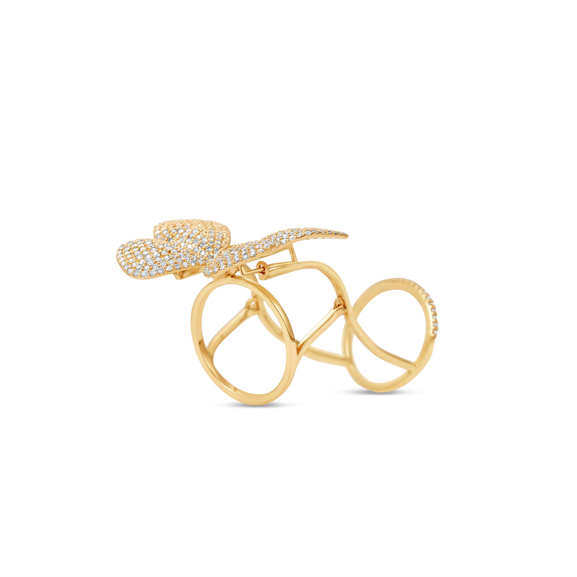 Bold and luxurious double knuckle butterfly ring crafted in 14K yellow gold, featuring pavé-set diamonds in a modern design that adds a touch of glamorous sophistication to any look. Side View