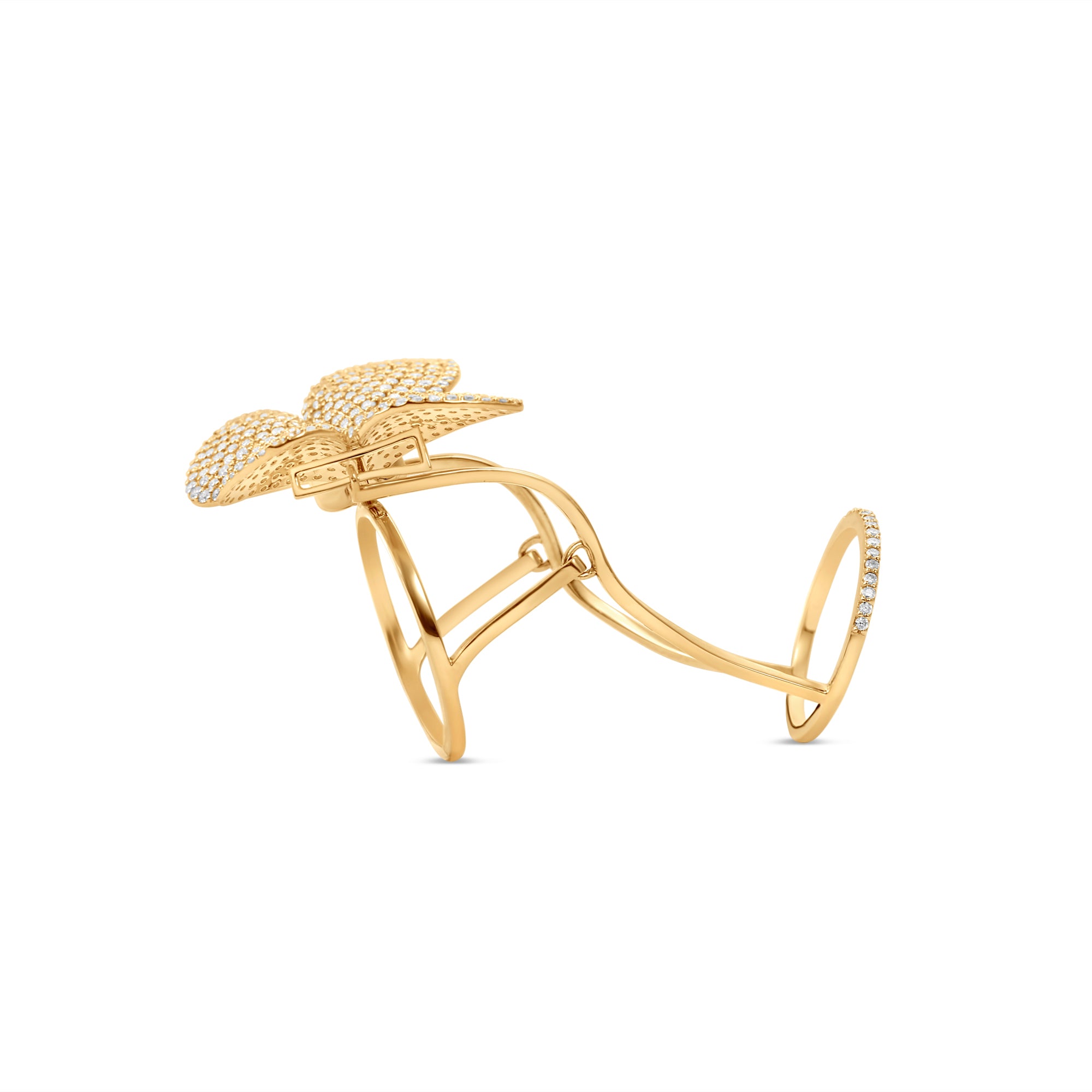 Bold and luxurious double knuckle butterfly ring crafted in 14K yellow gold, featuring pavé-set diamonds in a modern design that adds a touch of glamorous sophistication to any look. Side veiw