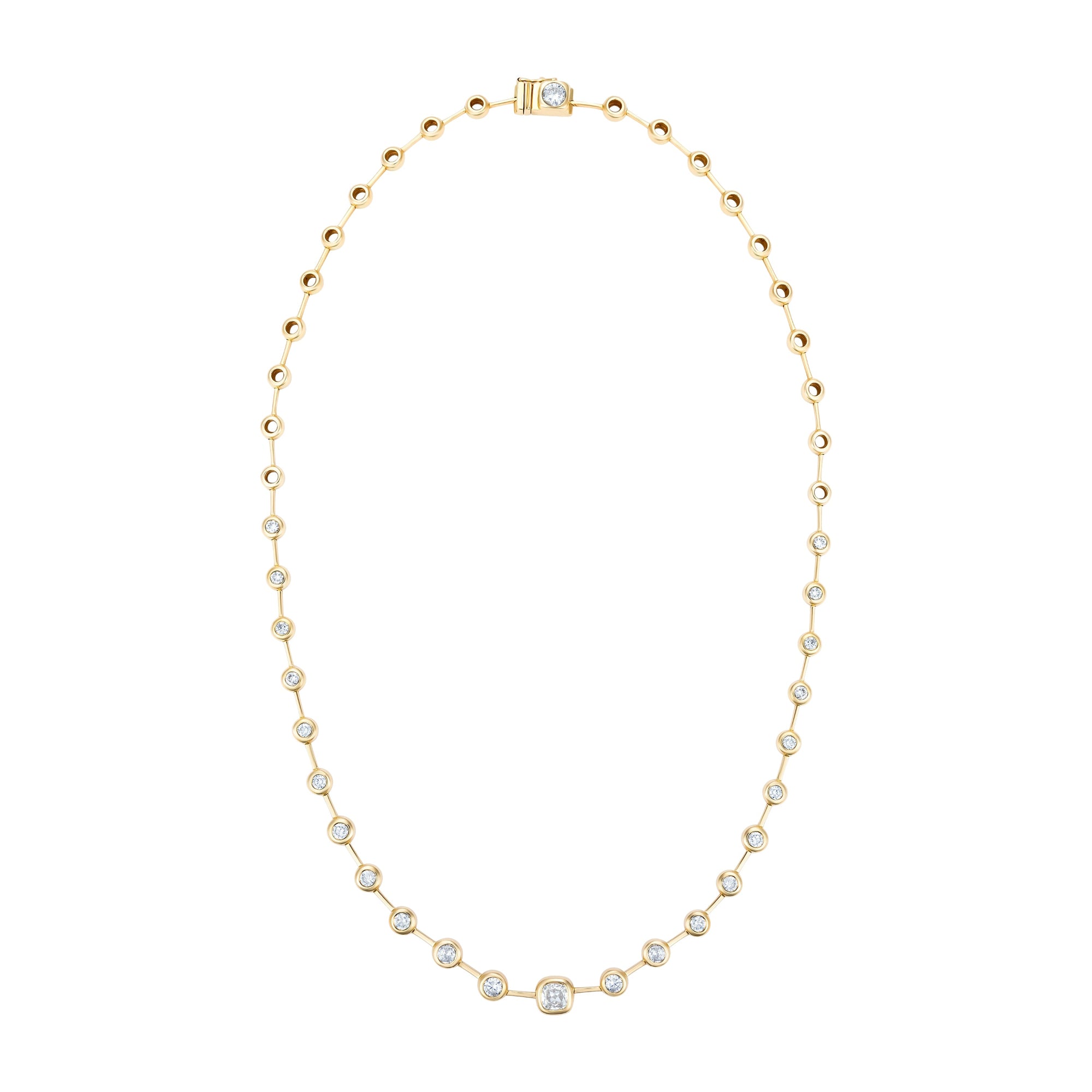 Stunning 14K yellow gold articulating diamond necklace featuring over 10.5ct of mixed-shape diamonds, including a 1.5ct antique cushion-cut center stone, 22 round bezel-set diamonds, and an architectural clasp crowned with a 1ct solitaire diamond.