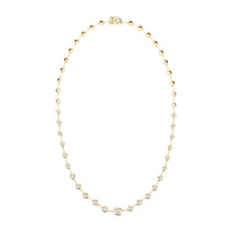 Stunning 14K yellow gold articulating diamond necklace featuring over 10.5ct of mixed-shape diamonds, including a 1.5ct antique cushion-cut center stone, 22 round bezel-set diamonds, and an architectural clasp crowned with a 1ct solitaire diamond.