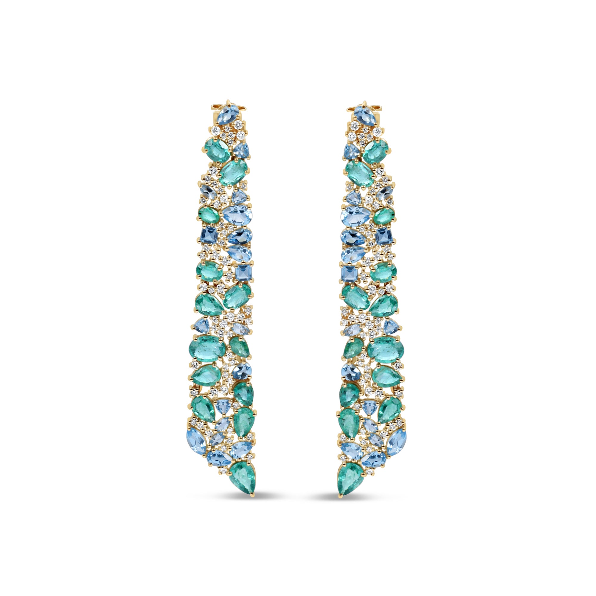 Stunning Aurora earrings crafted in 14K yellow gold, featuring vibrant emeralds, sparkling blue topaz, and shimmering diamonds, inspired by the ocean’s hues and cascading with unmatched brilliance. Front close up of the front.
