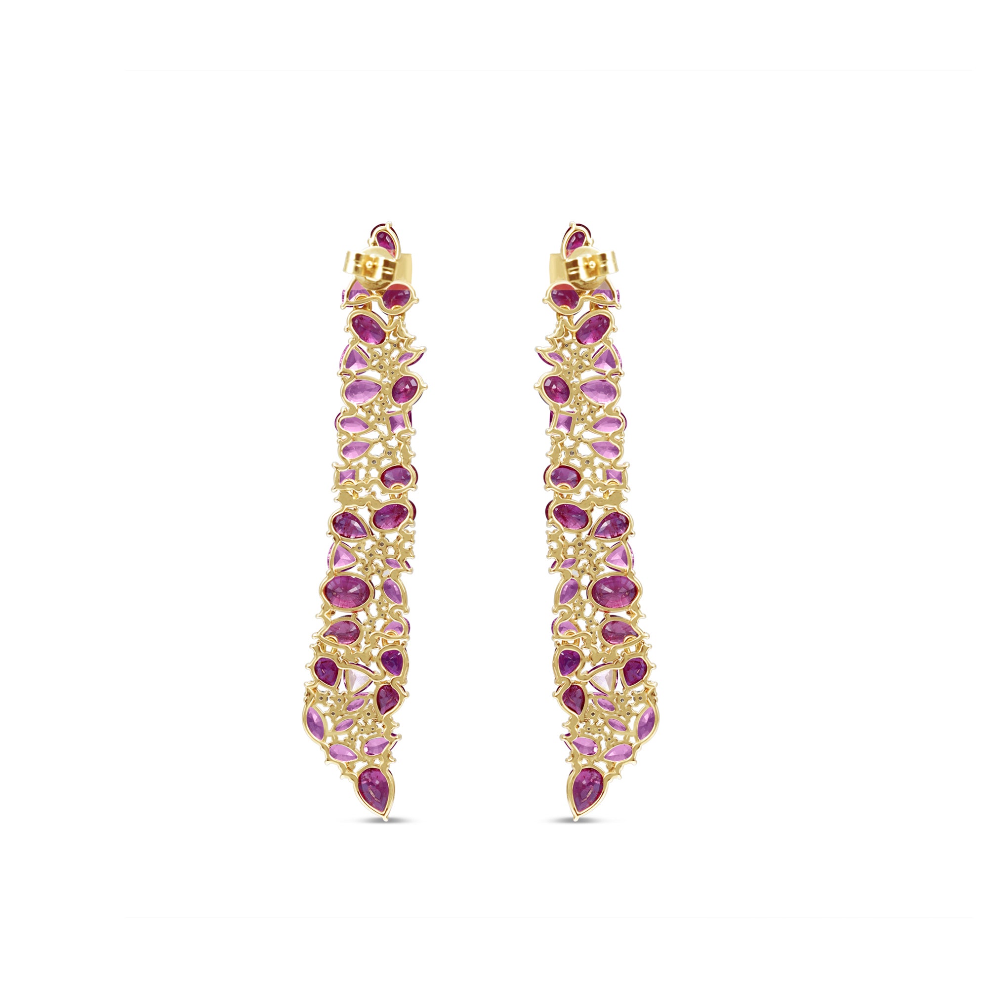 Captivating statement earrings in 14K gold featuring vibrant rubies, pink sapphires, and radiant diamonds, inspired by the fiery hues of dawn and twilight to embody passion and timeless elegance. Back image
