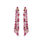 Captivating statement earrings in 14K gold featuring vibrant rubies, pink sapphires, and radiant diamonds, inspired by the fiery hues of dawn and twilight to embody passion and timeless elegance. Front Close Up