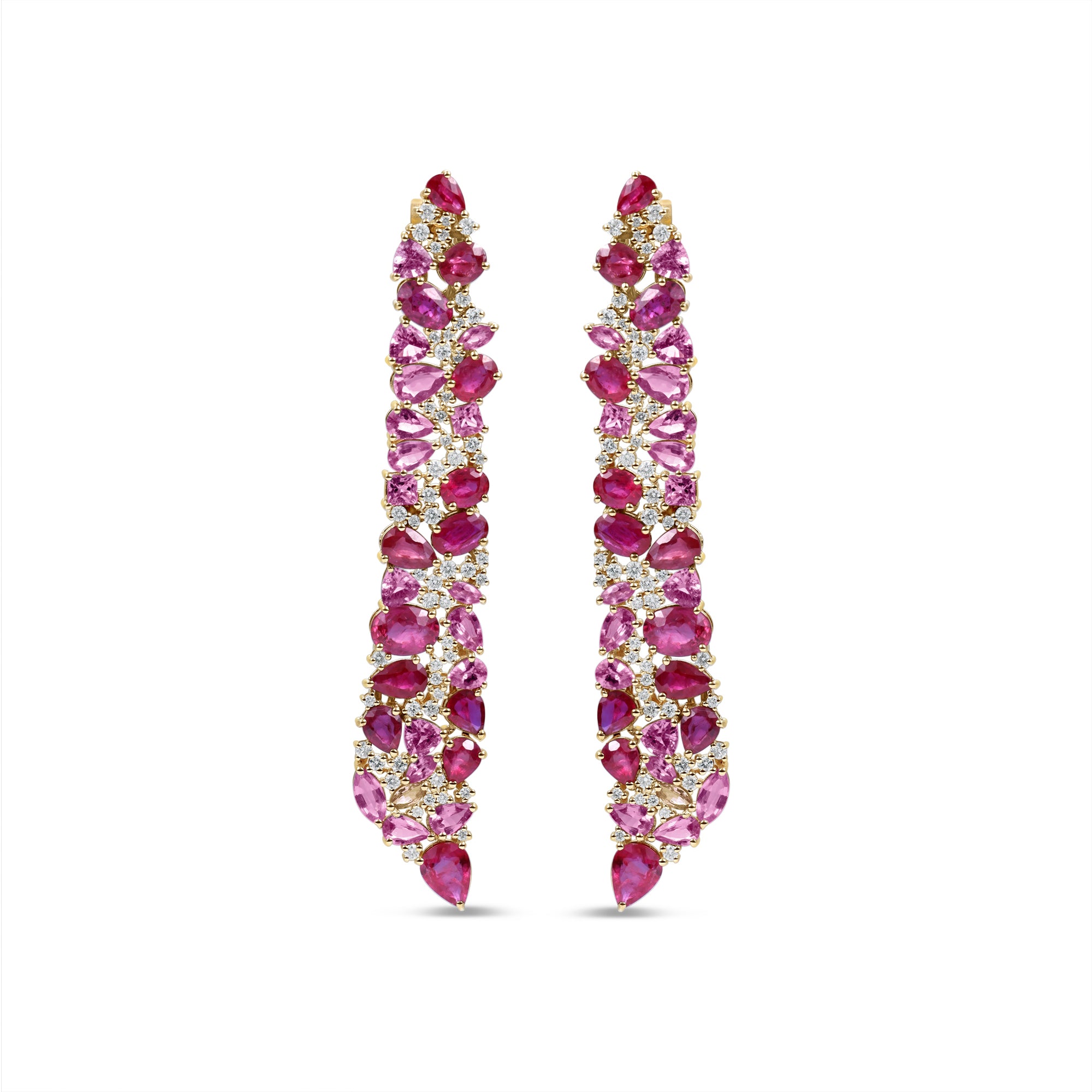 Captivating statement earrings in 14K gold featuring vibrant rubies, pink sapphires, and radiant diamonds, inspired by the fiery hues of dawn and twilight to embody passion and timeless elegance. Front Close Up