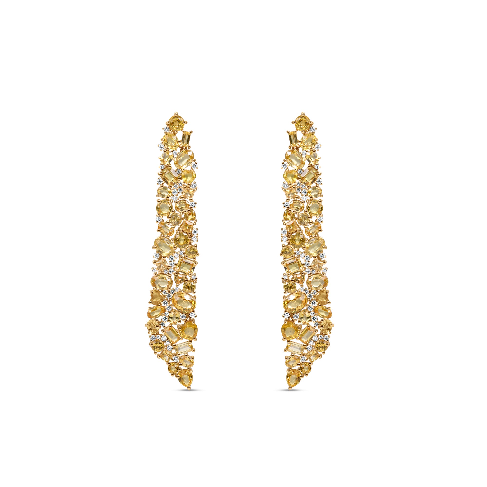 Statement 14K yellow gold earrings featuring hand-selected yellow sapphires and brilliant diamonds, radiating warmth and elegance inspired by the golden glow of sunlight.