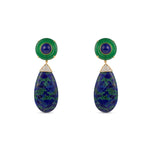 Striking 18K yellow gold drop earrings featuring vibrant blue lapis centers, green agate discs, and cascading azurite teardrops, accented by sparkling diamond pavé for a bold and glamorous statement. Front view, close up. 