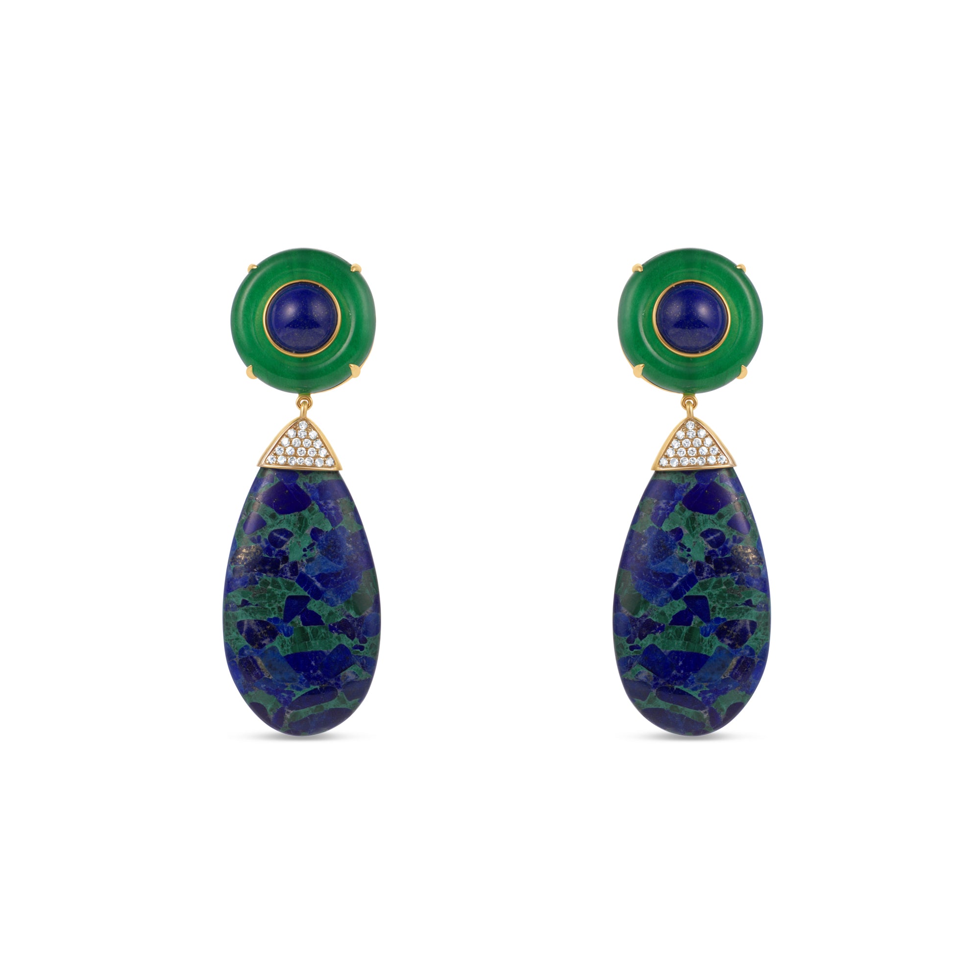 Striking 18K yellow gold drop earrings featuring vibrant blue lapis centers, green agate discs, and cascading azurite teardrops, accented by sparkling diamond pavé for a bold and glamorous statement. Front view, close up. 