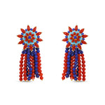 Bold 18K yellow gold beaded drop earrings featuring a dynamic mix of lapis, red coral, turquoise, and sparkling diamonds, offering a playful yet luxurious statement of high-end craftsmanship and color.