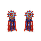 Bold 18K yellow gold beaded drop earrings featuring a dynamic mix of lapis, red coral, turquoise, and sparkling diamonds, offering a playful yet luxurious statement of high-end craftsmanship and color.