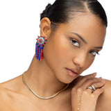 Bold 18K yellow gold beaded drop earrings featuring a dynamic mix of lapis, red coral, turquoise, and sparkling diamonds, offering a playful yet luxurious statement of high-end craftsmanship and color.