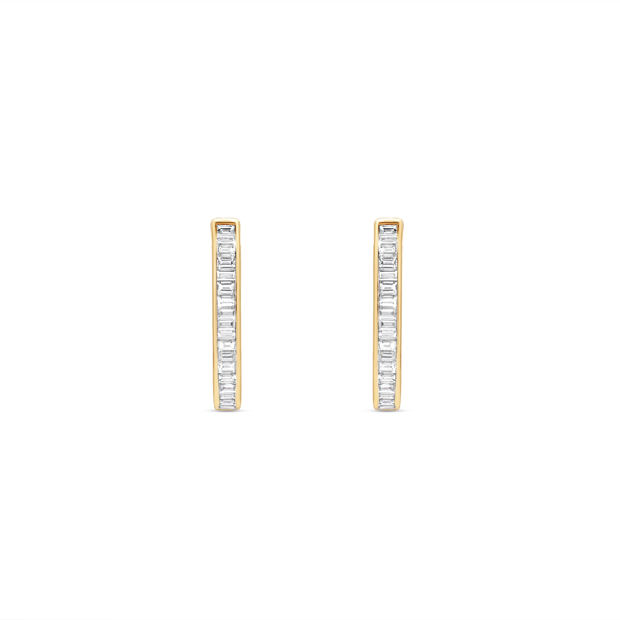 Sleek 14K yellow gold paperclip hoop earrings featuring stacked bezel-set baguette diamonds, blending modern design with understated luxury for everyday elegance.