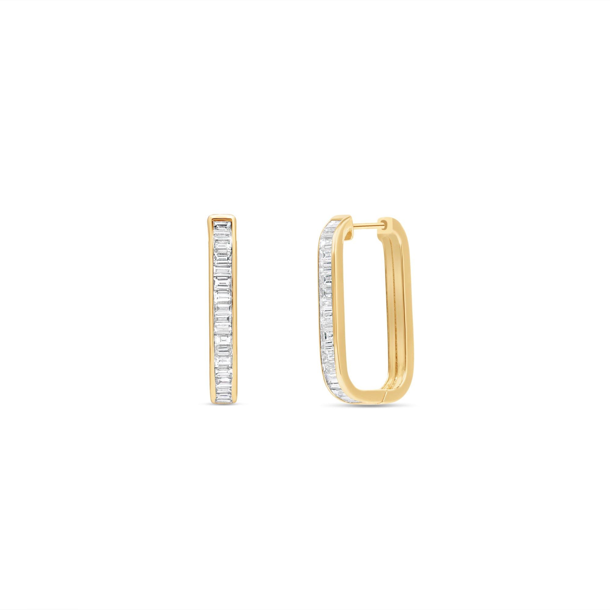 Sleek 14K yellow gold paperclip hoop earrings featuring stacked bezel-set baguette diamonds, blending modern design with understated luxury for everyday elegance.