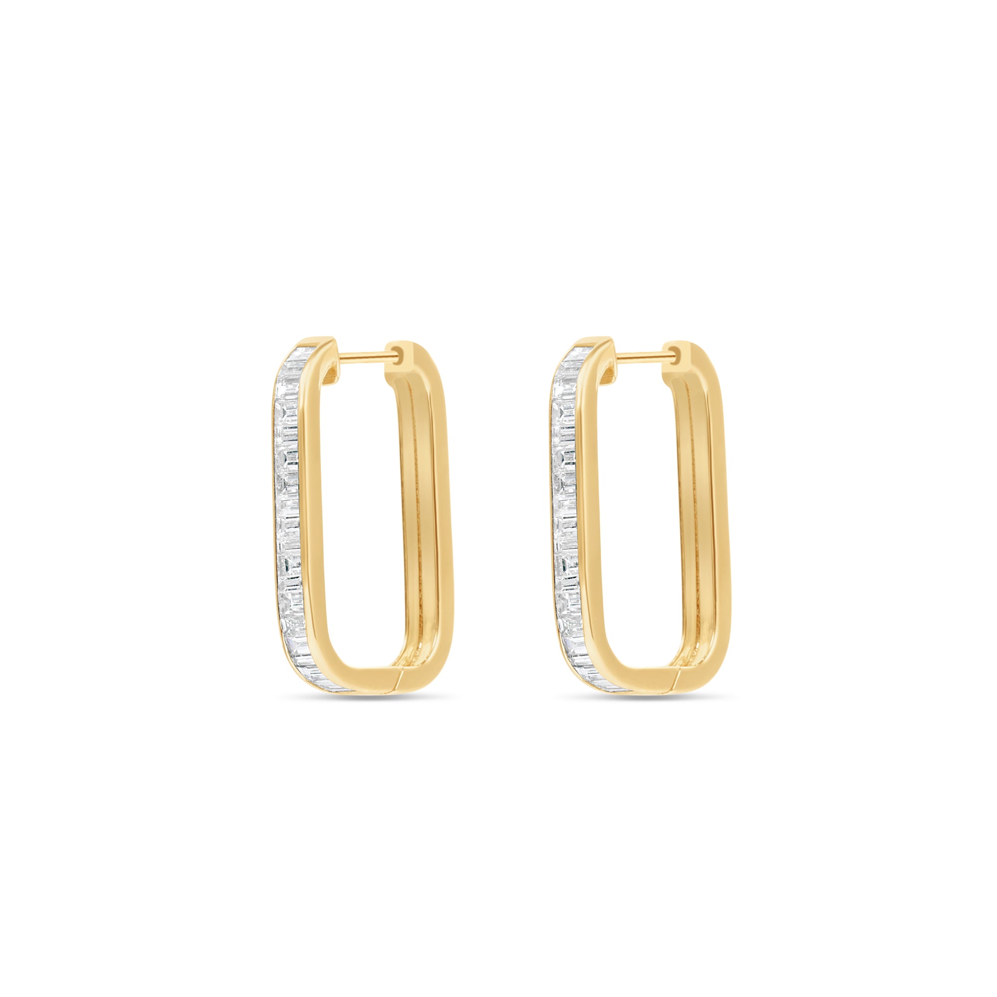 Sleek 14K yellow gold paperclip hoop earrings featuring stacked bezel-set baguette diamonds, blending modern design with understated luxury for everyday elegance. Side View