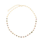 Stunning adjustable 14K yellow gold necklace featuring a unique arrangement of mixed-shaped bezel-set pastel sapphires, adding a light touch of color and elegance to any ensemble. Front view, whole necklace. 