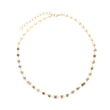 Stunning adjustable 14K yellow gold necklace featuring a unique arrangement of mixed-shaped bezel-set pastel sapphires, adding a light touch of color and elegance to any ensemble. Front view, whole necklace. 