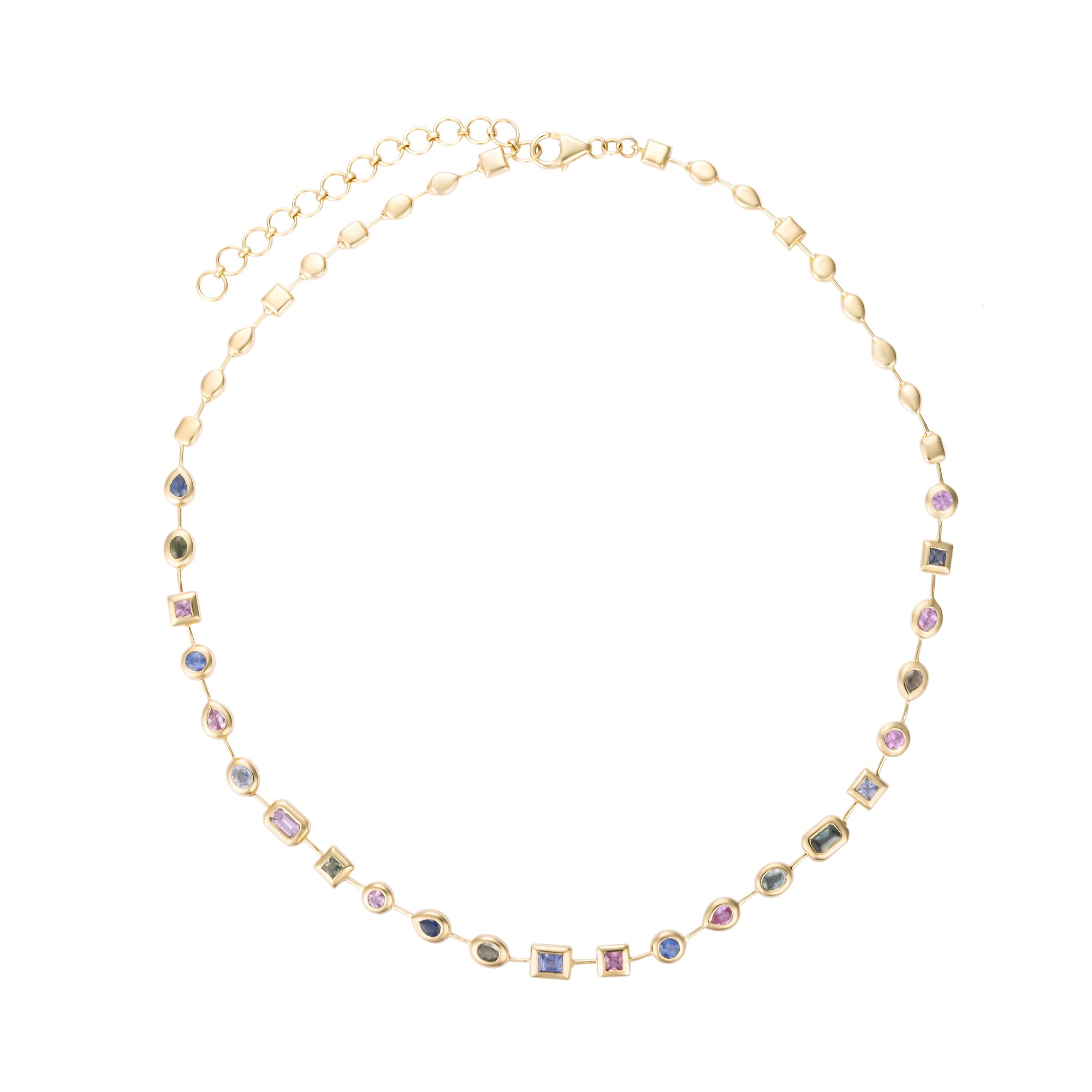 Stunning adjustable 14K yellow gold necklace featuring a unique arrangement of mixed-shaped bezel-set pastel sapphires, adding a light touch of color and elegance to any ensemble. Front view, whole necklace. 