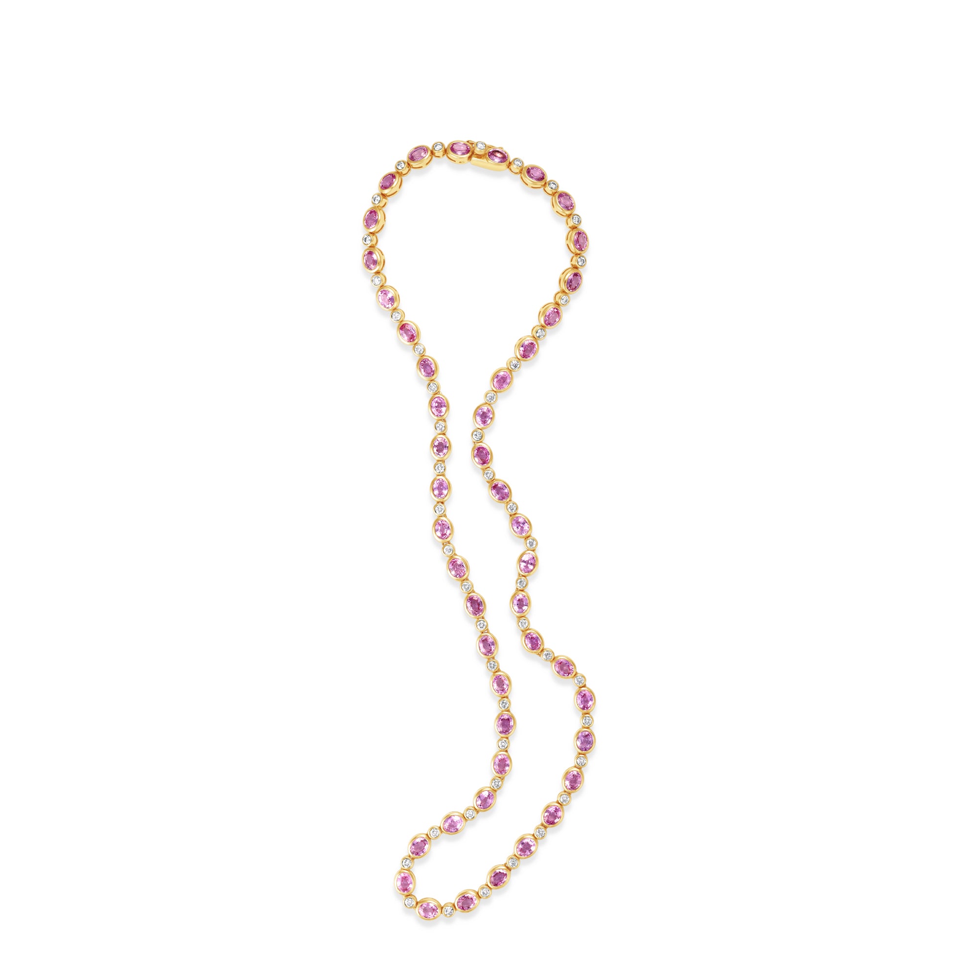 Romantic yellow gold tennis necklace featuring bezel-set oval-shaped pink sapphires and sparkling diamonds, offering a delicate yet luxurious design perfect for special occasions. Movement 
