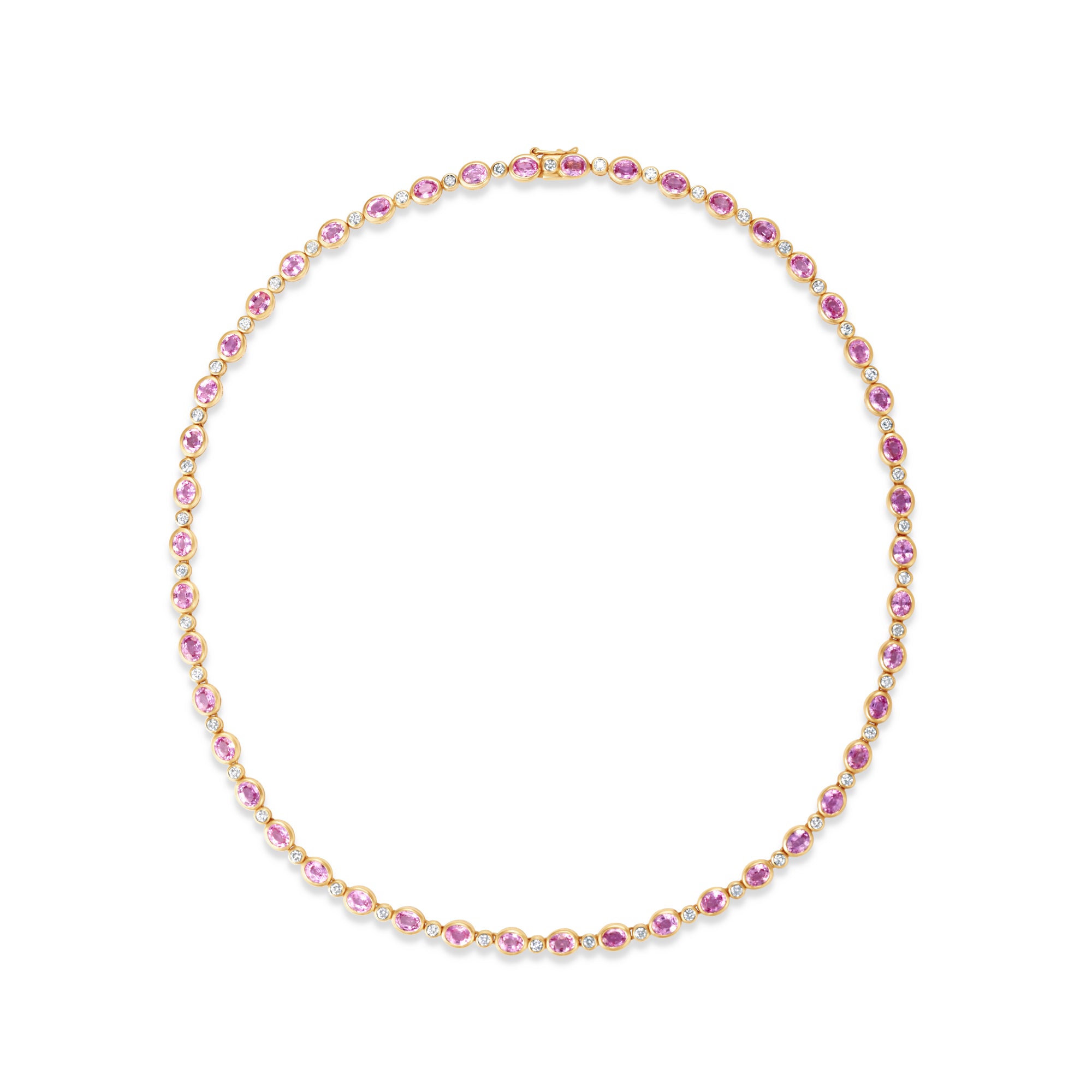 Romantic yellow gold tennis necklace featuring bezel-set oval-shaped pink sapphires and sparkling diamonds, offering a delicate yet luxurious design perfect for special occasions.