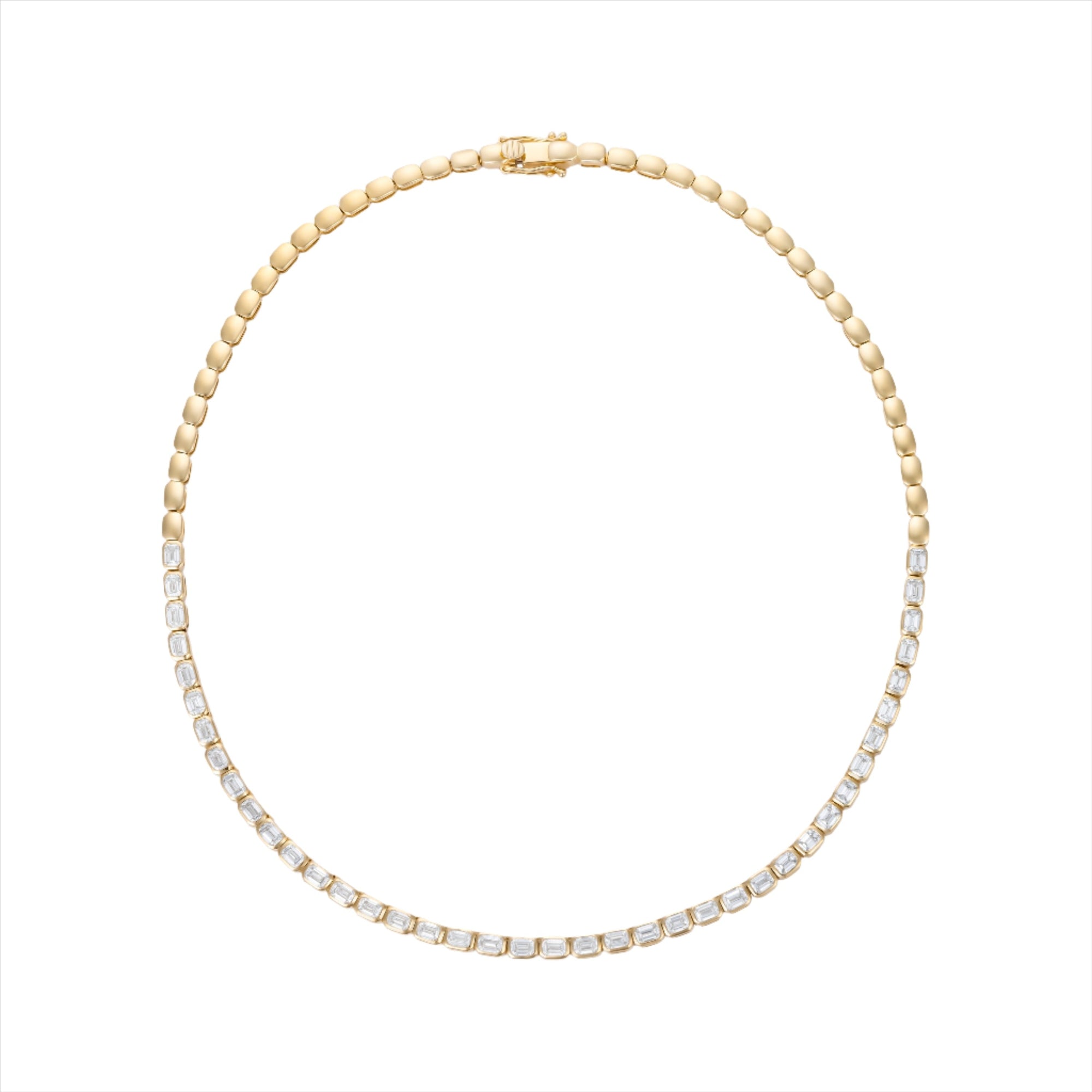 Luxurious 14K yellow gold bead necklace featuring 12 carats of bezel-set elongated emerald cut diamonds (VVS clarity, G-H color) in a refined 16-inch silhouette for a bold and elegant look.