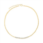 Elegant 14K yellow gold adjustable tennis necklace featuring 13 bezel-set emerald cut diamonds totaling 1.63ct (G-H VS clarity), with an adjustable length from 15 to 18 inches.