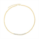 Elegant 14K yellow gold adjustable tennis necklace featuring 13 bezel-set emerald cut diamonds totaling 1.63ct (G-H VS clarity), with an adjustable length from 15 to 18 inches.