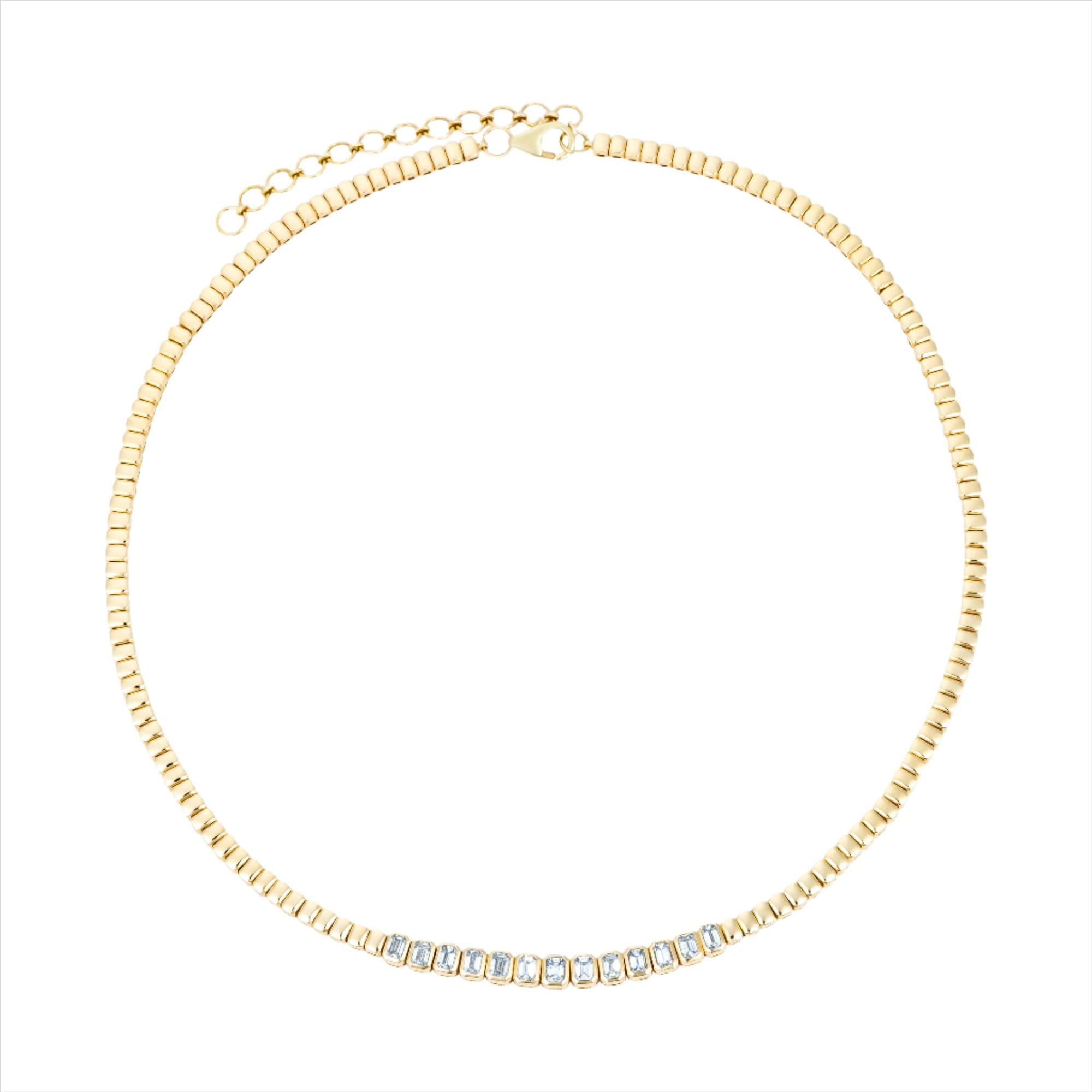 Elegant 14K yellow gold adjustable tennis necklace featuring 13 bezel-set emerald cut diamonds totaling 1.63ct (G-H VS clarity), with an adjustable length from 15 to 18 inches.