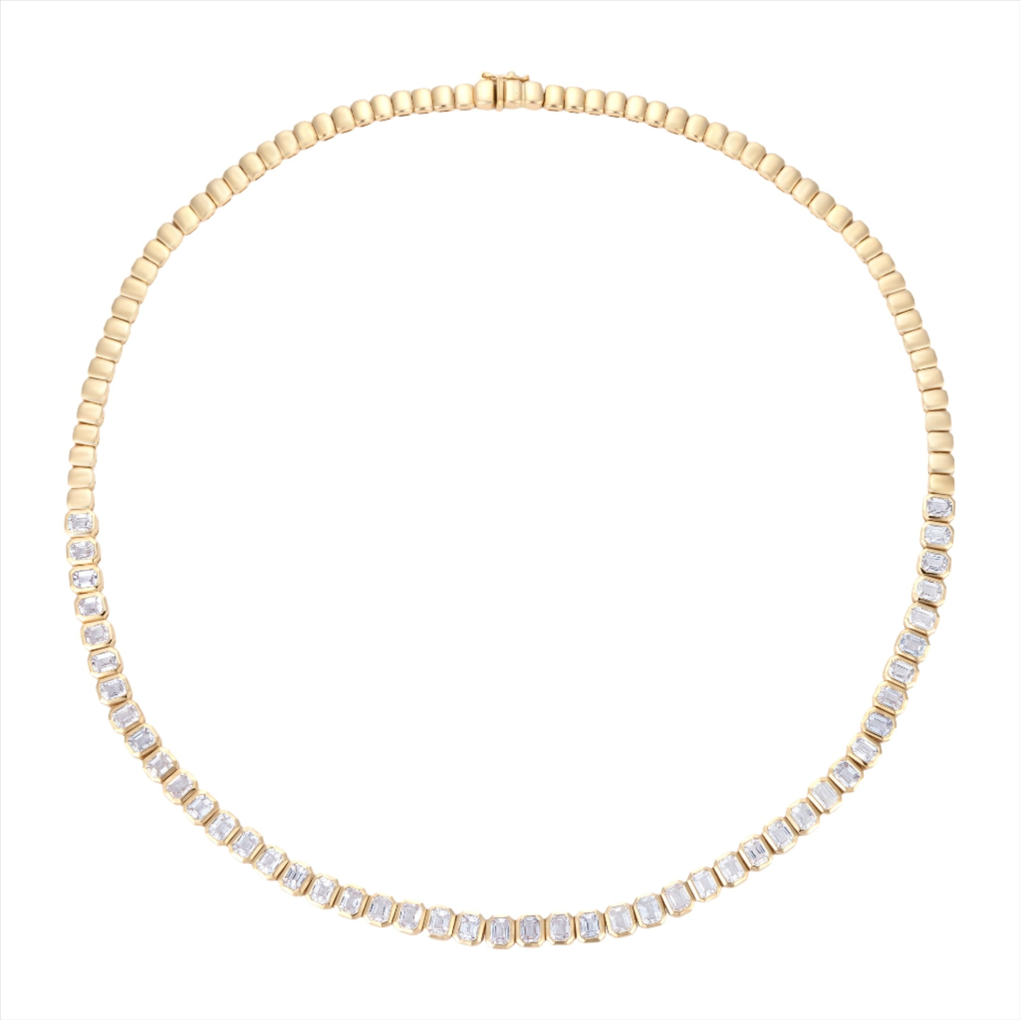 Refined 14K yellow gold necklace featuring an emerald-cut bezel-set white sapphire, accented with gold beads in a sleek 16.5-inch design for timeless elegance.