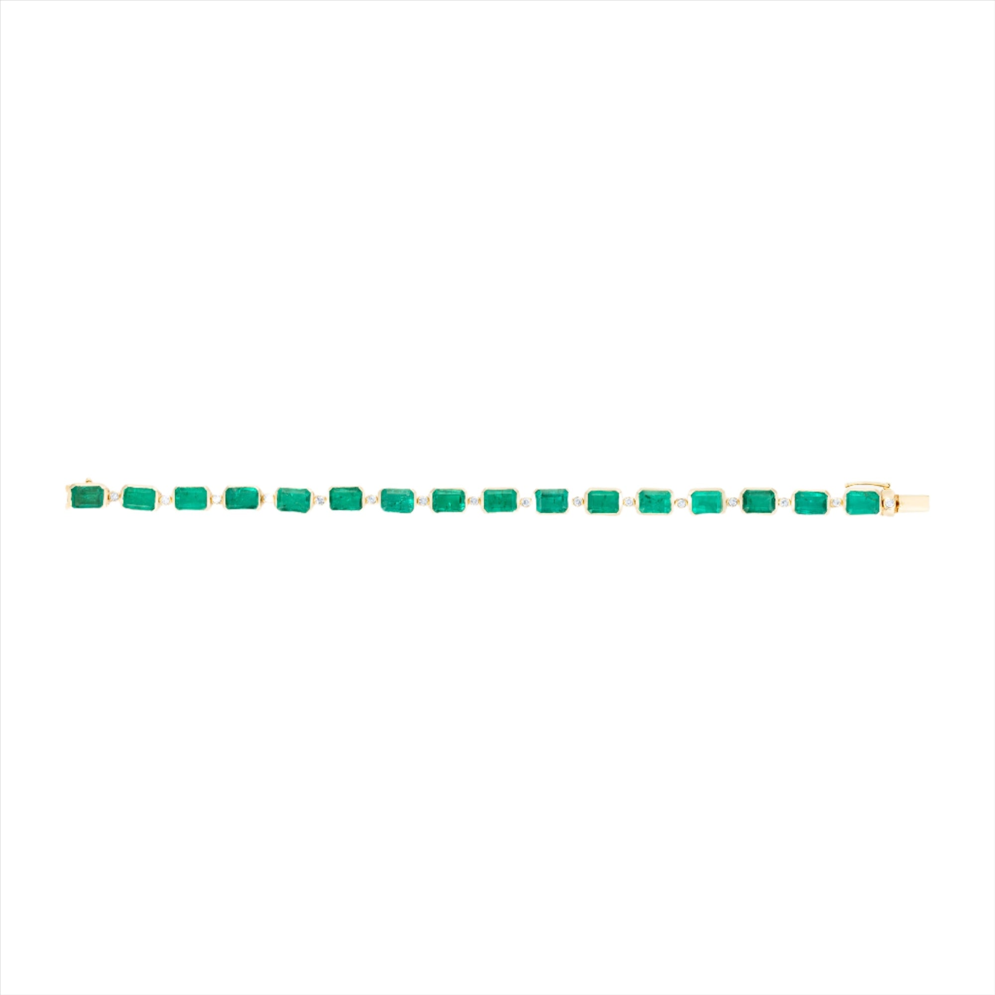 One-of-a-kind 14K yellow gold cocktail tennis bracelet featuring 20.3ct of natural Zambian emeralds accented with 0.70ct of round bezel-set diamonds. Total length: 7.5 inches, total weight: 18.95g—a bold and luxurious gemstone statement.
