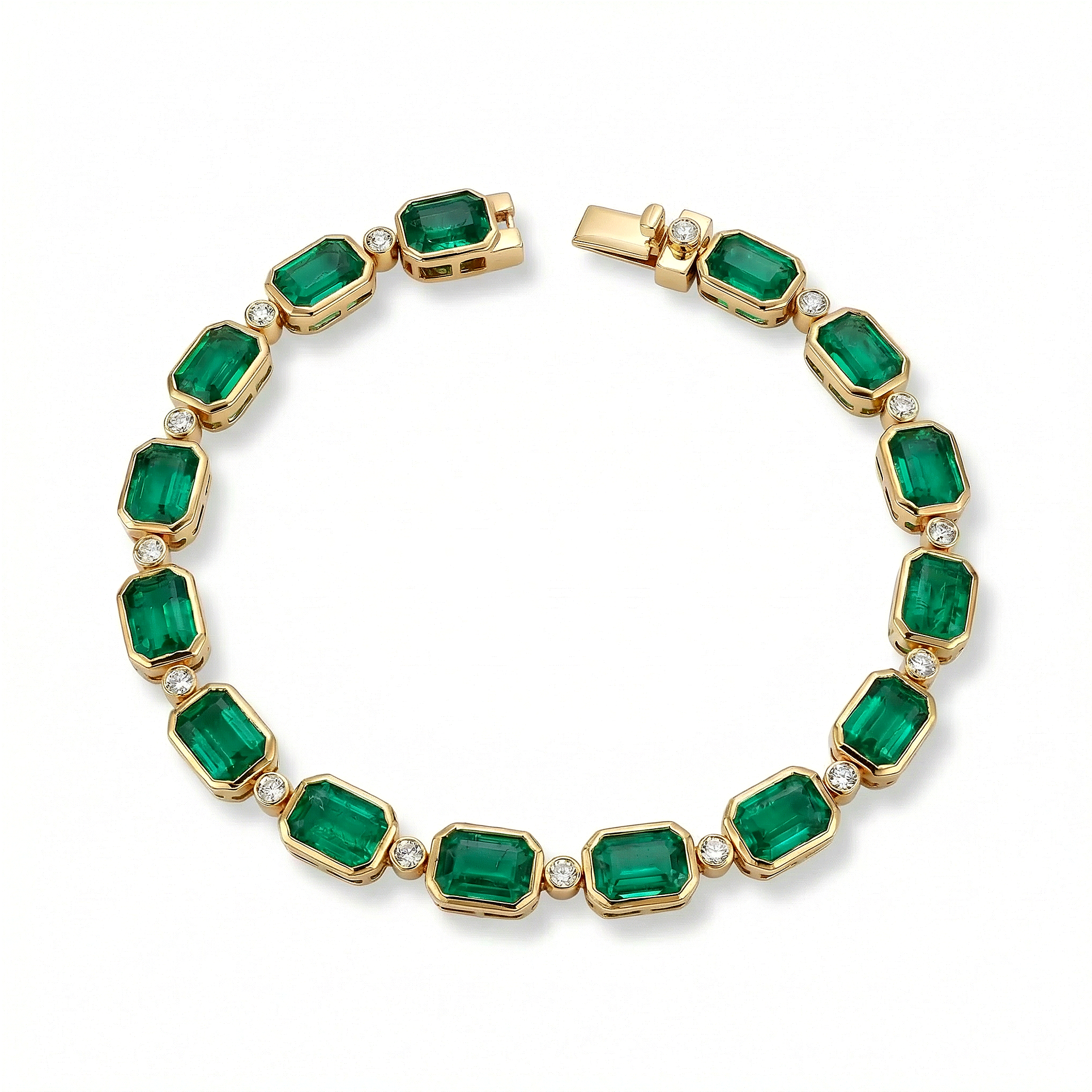 One-of-a-kind 14K yellow gold cocktail tennis bracelet featuring 20.3ct of natural Zambian emeralds accented with 0.70ct of round bezel-set diamonds. Total length: 7.5 inches, total weight: 18.95g—a bold and luxurious gemstone statement.