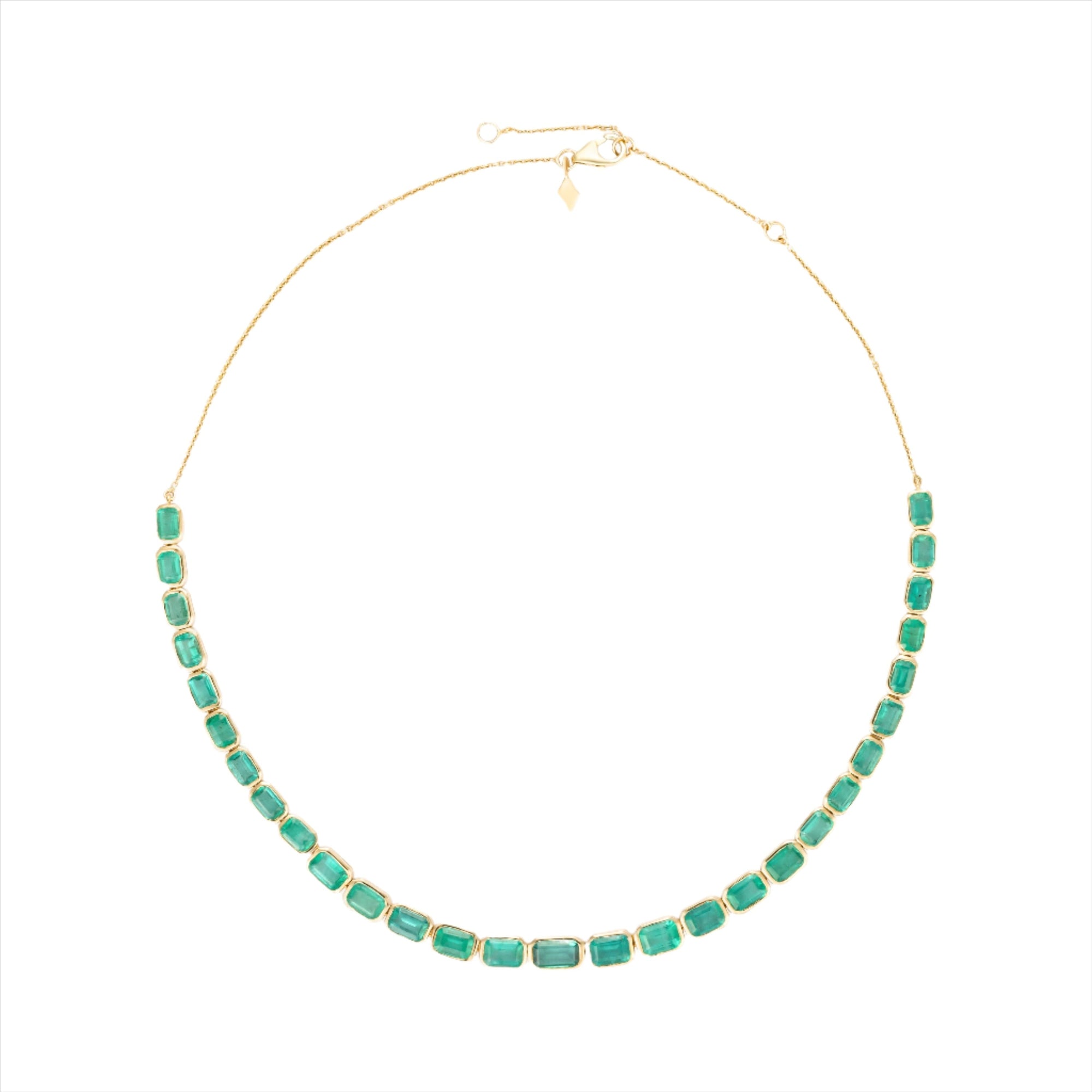 Adjustable 14K yellow gold necklace featuring 38.87 carats of natural, unheated Zambian emeralds in bezel settings, with the largest stone measuring 8.4mm x 6.1mm, offering vibrant green luxury and timeless elegance.