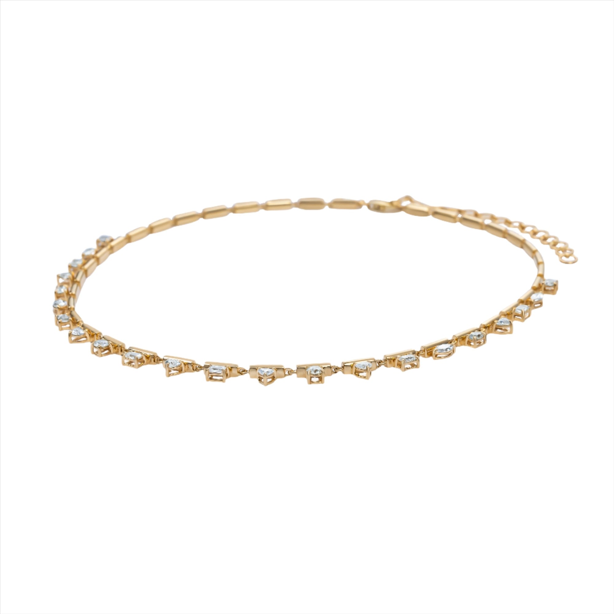 Luxurious 14K yellow gold necklace featuring 3.36ct of bezel-set fancy mixed-shape diamonds, elegantly designed with an adjustable length from 16 to 18 inches for versatility and timeless sophistication.