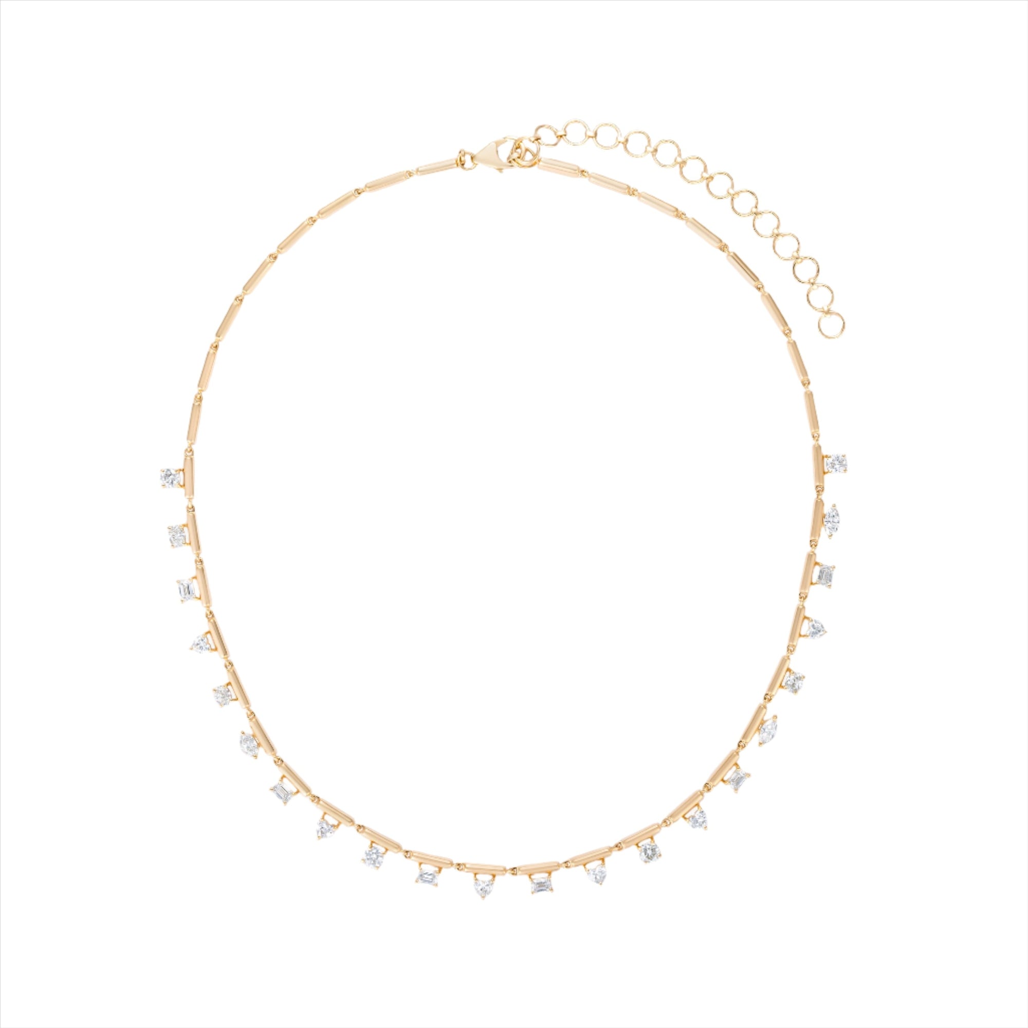 Luxurious 14K yellow gold necklace featuring 3.36ct of bezel-set fancy mixed-shape diamonds, elegantly designed with an adjustable length from 16 to 18 inches for versatility and timeless sophistication.