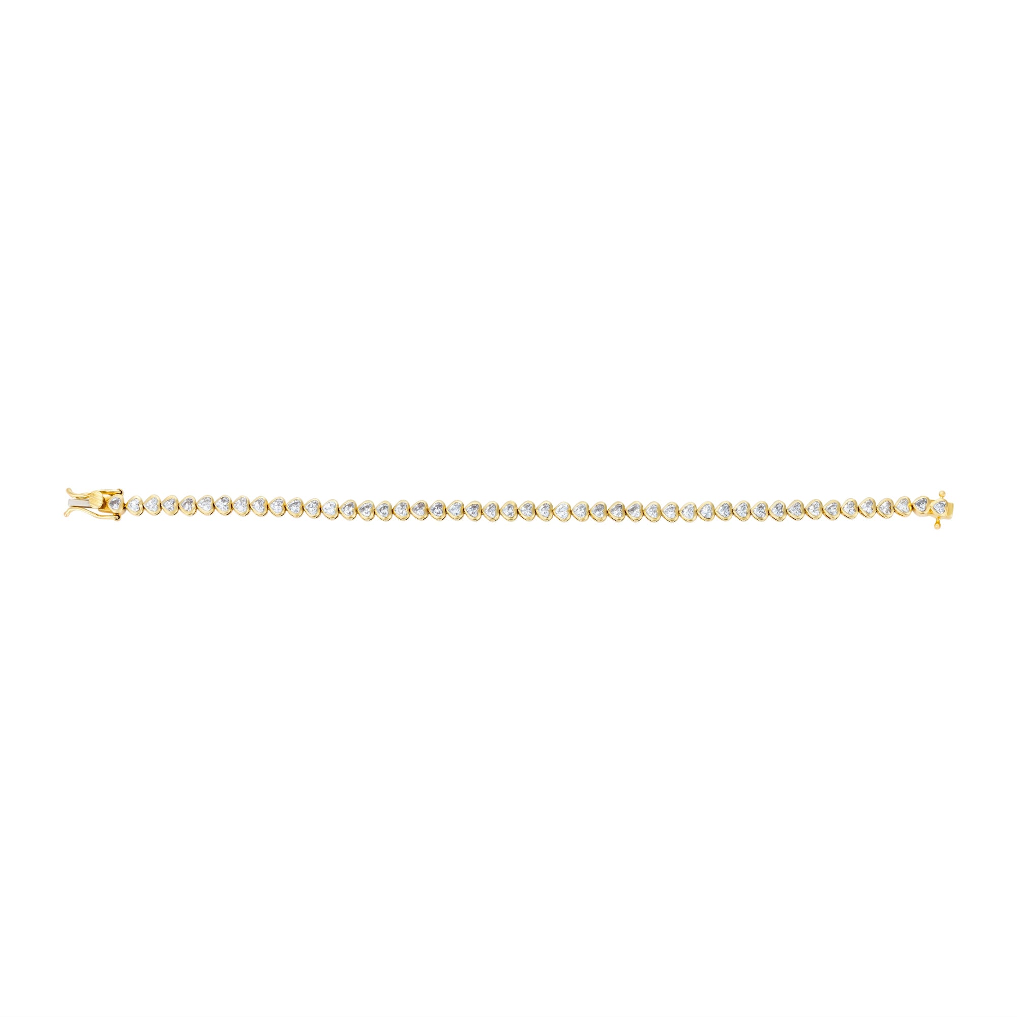 Exquisite 14K yellow gold tennis bracelet featuring 4.24ct of G-H VS heart-shaped diamonds in sleek bezel settings, offering a modern yet timelessly elegant design.