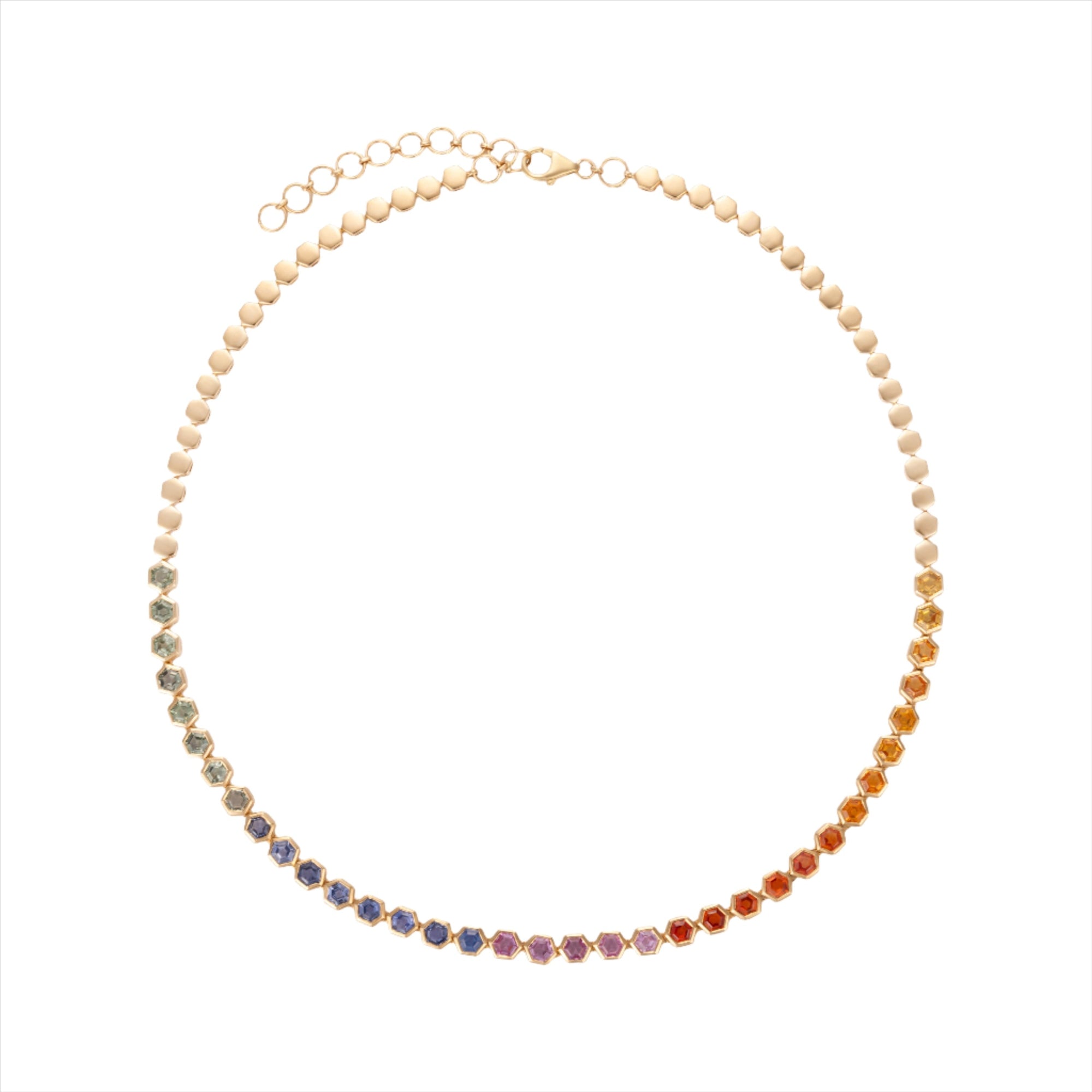 Exquisite 14K yellow gold necklace featuring 11.50ct of bezel-set multicolored hexagon-cut sapphires, finished with gold beads and an adjustable 16–18 inch length for a truly unique, forever piece.