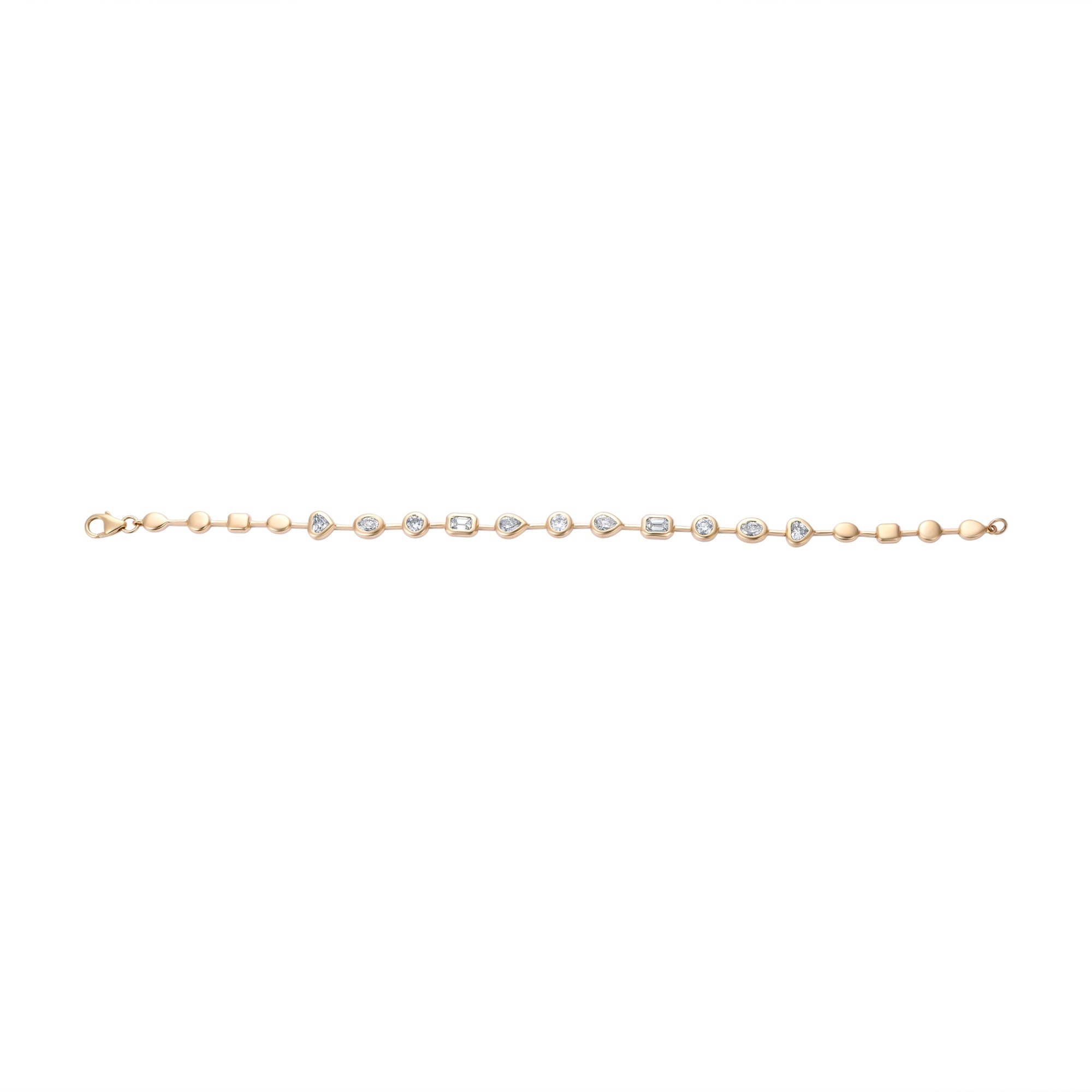 Elegant 14K yellow gold bracelet featuring 1.88ct of bezel-set mixed-shape diamonds, offering a refined and modern silhouette in a classic 7-inch length.