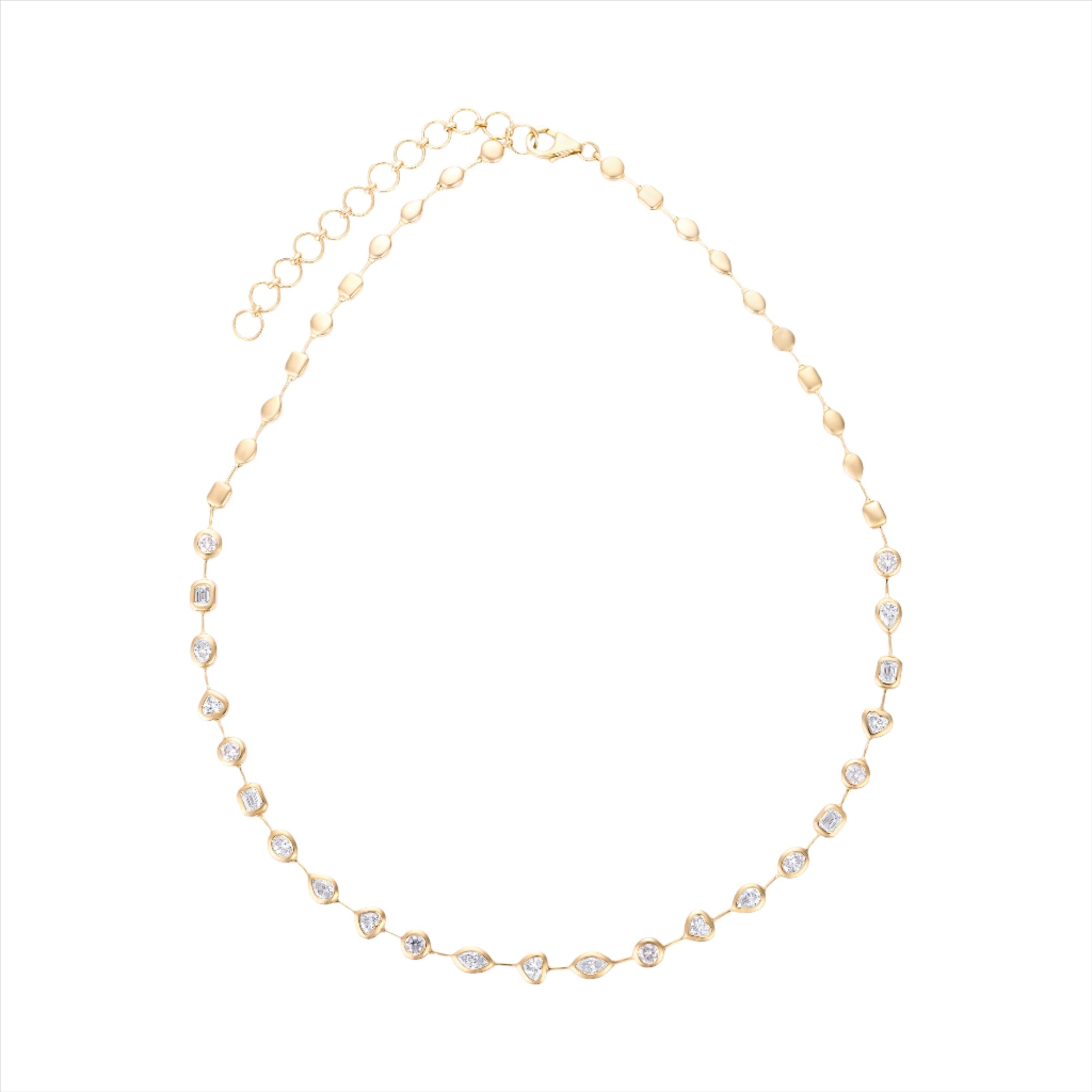 Elegant 14K yellow gold necklace featuring 5ct of bezel-set mixed-shaped diamonds with an adjustable length from 16 to 18 inches, offering a timeless and refined sparkle.