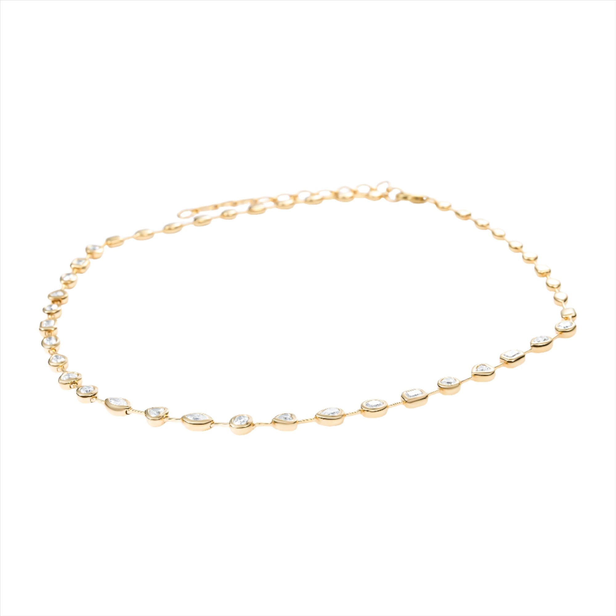 Elegant 14K yellow gold necklace featuring 5ct of bezel-set mixed-shaped diamonds with an adjustable length from 16 to 18 inches, offering a timeless and refined sparkle. Side view. 