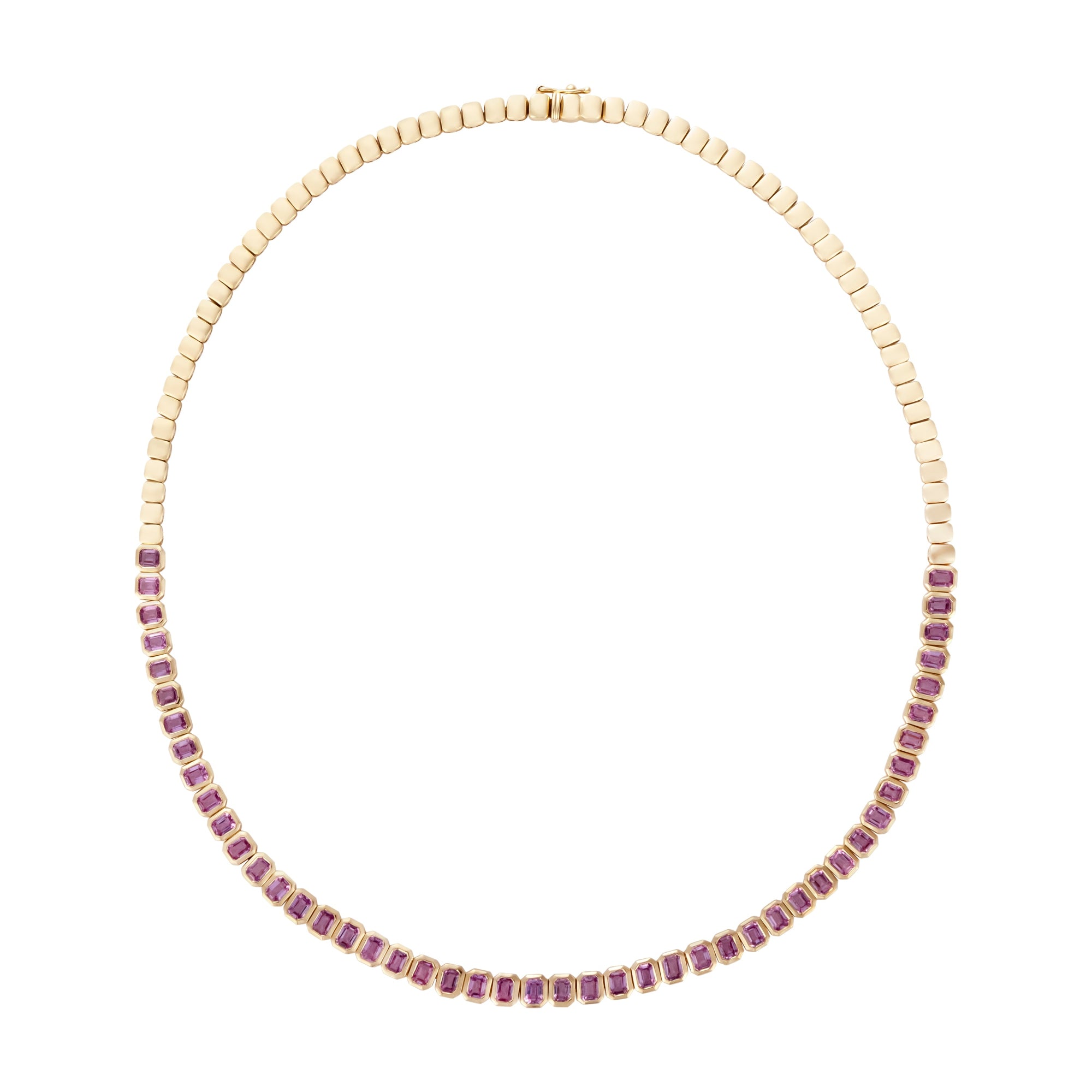 Luxurious 14K yellow gold tennis necklace featuring 10.14ct of bezel-set emerald cut pink sapphires, 16 inches in length and weighing 25.74g—a refined and radiant statement piece.